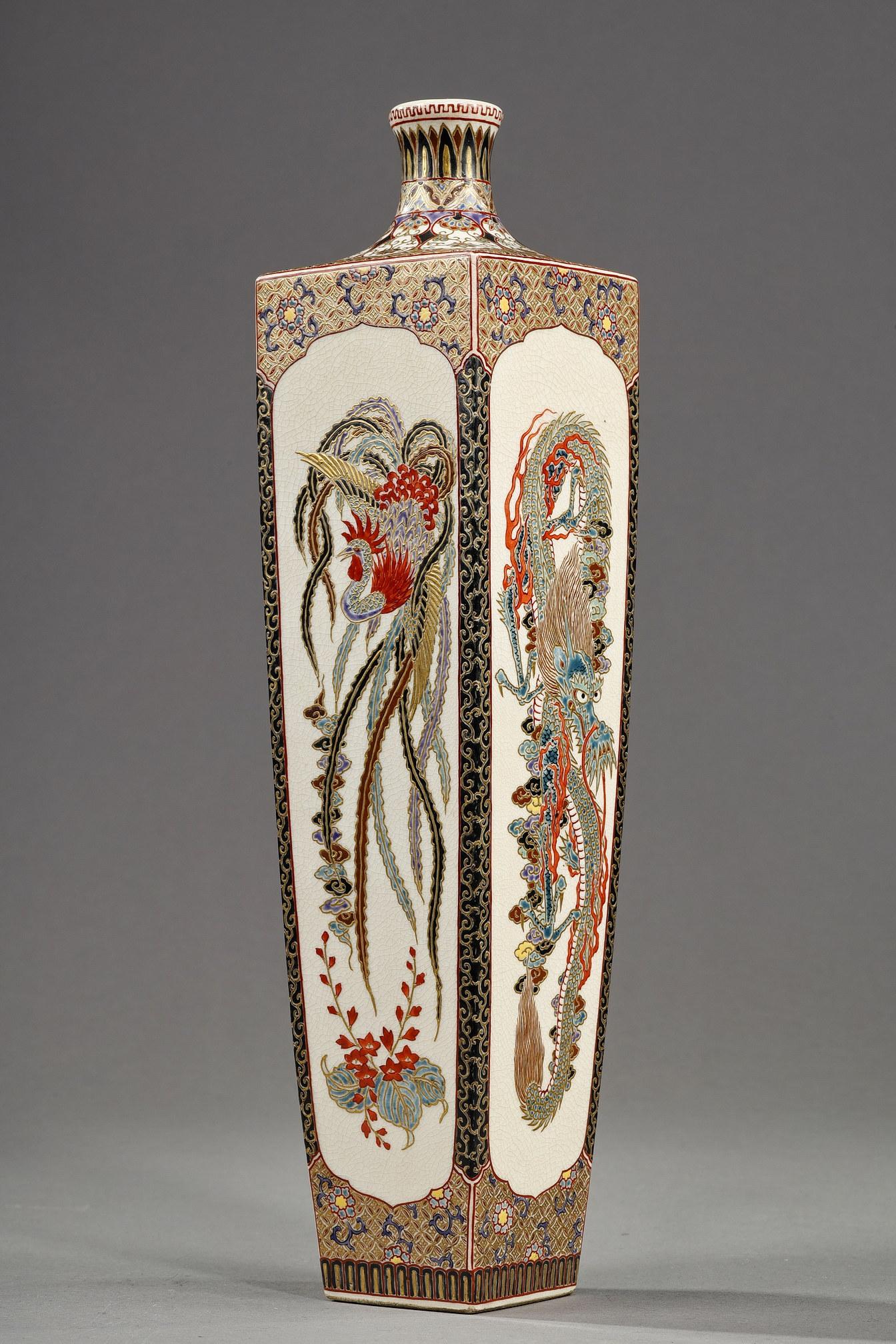A beautiful and rare quadrangular earthenware soliflore vase with polychrome enamel and gold rakan decoration, decorated on the sides with dragons and phoenixes in particularly vivid colors in a frame of flowers and arabesques. Satsuma mark on