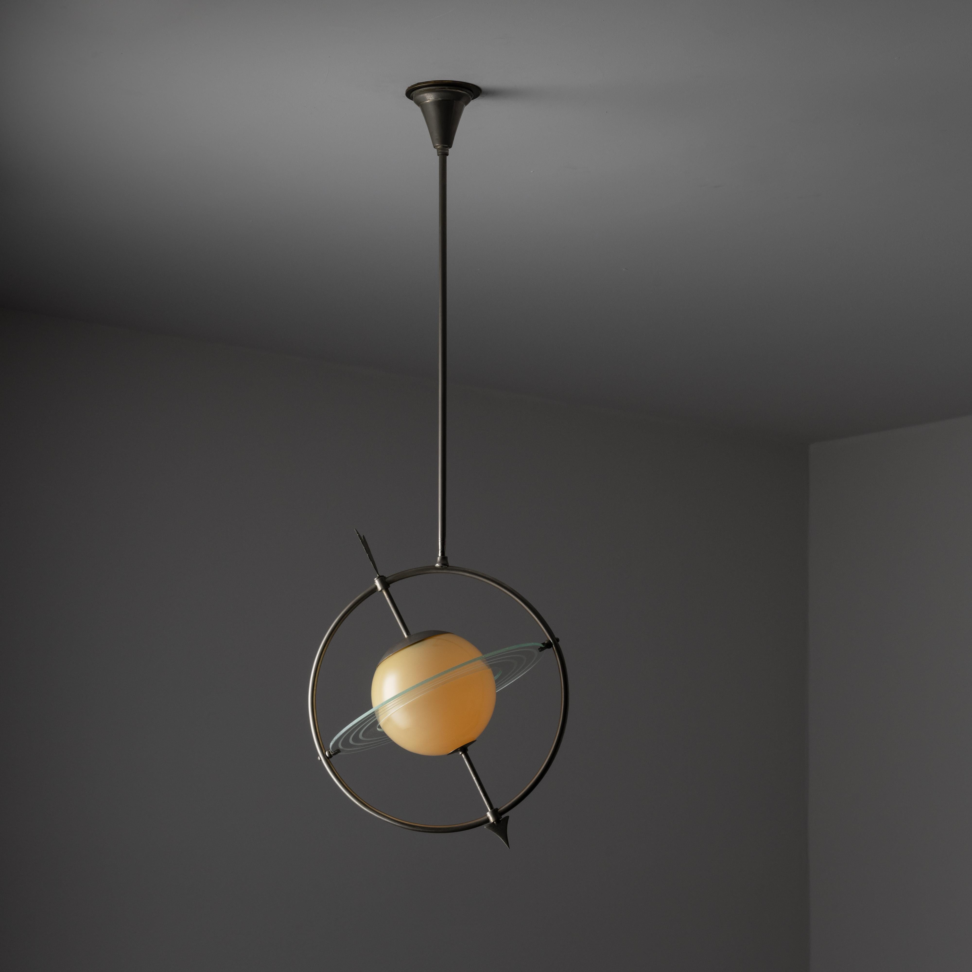 Rare Ceiling Light by Gio Ponti and Pietro Chiesa for Fontana Arte. Designed and manufactured in Italy, circa the 1930s. Unique sculptural 'Saturn' ceiling light, with illustrative metal frame depicting an arrow piercing a milk glass globe with