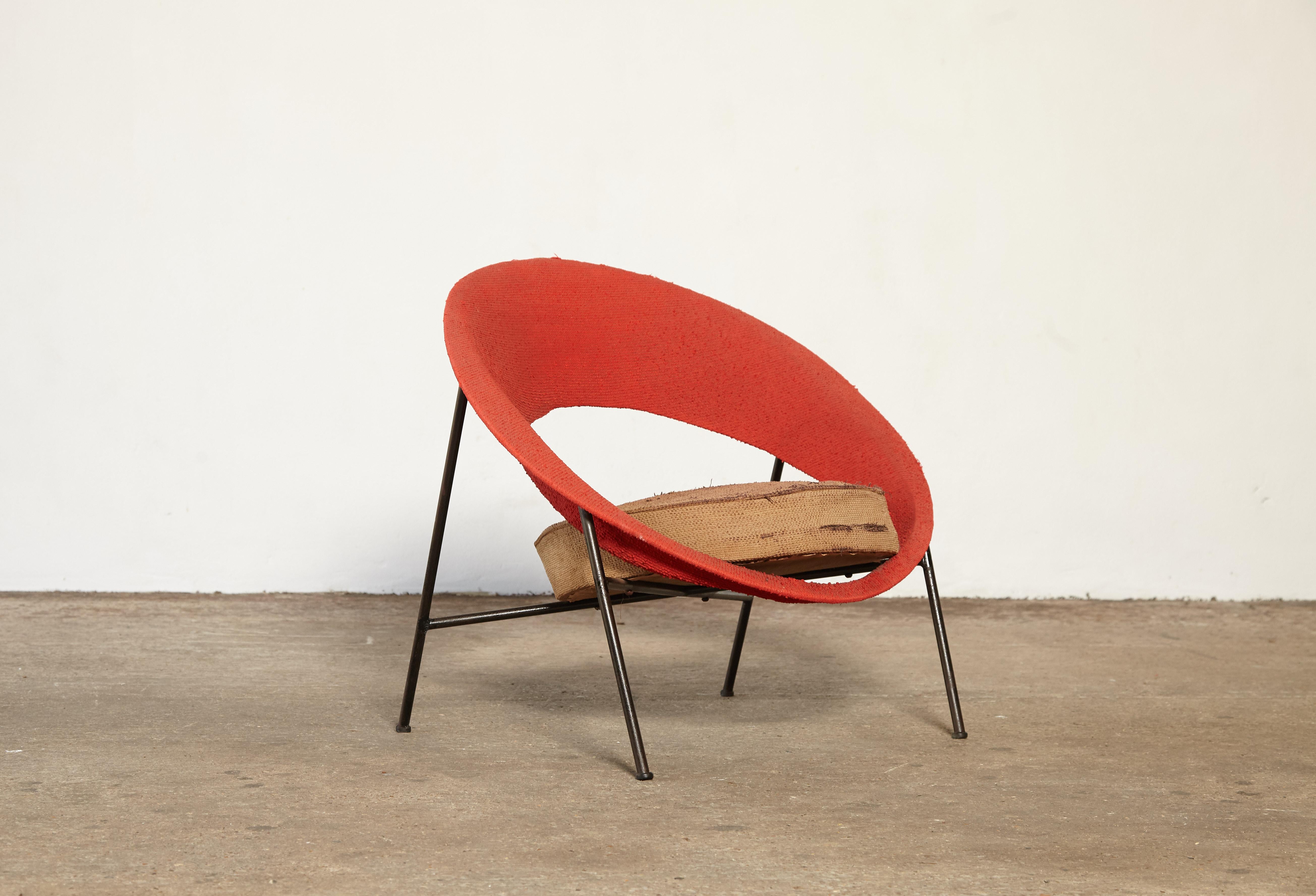 A very rare early Saturne (Saturn) armchair, in original condition, designed by Genevieve Dangles and Christian Defrance. Presented in Paris in 1957 at the “Arts Ménagers” Design Show and produced by Burov, France, 1950s.

The chair needs