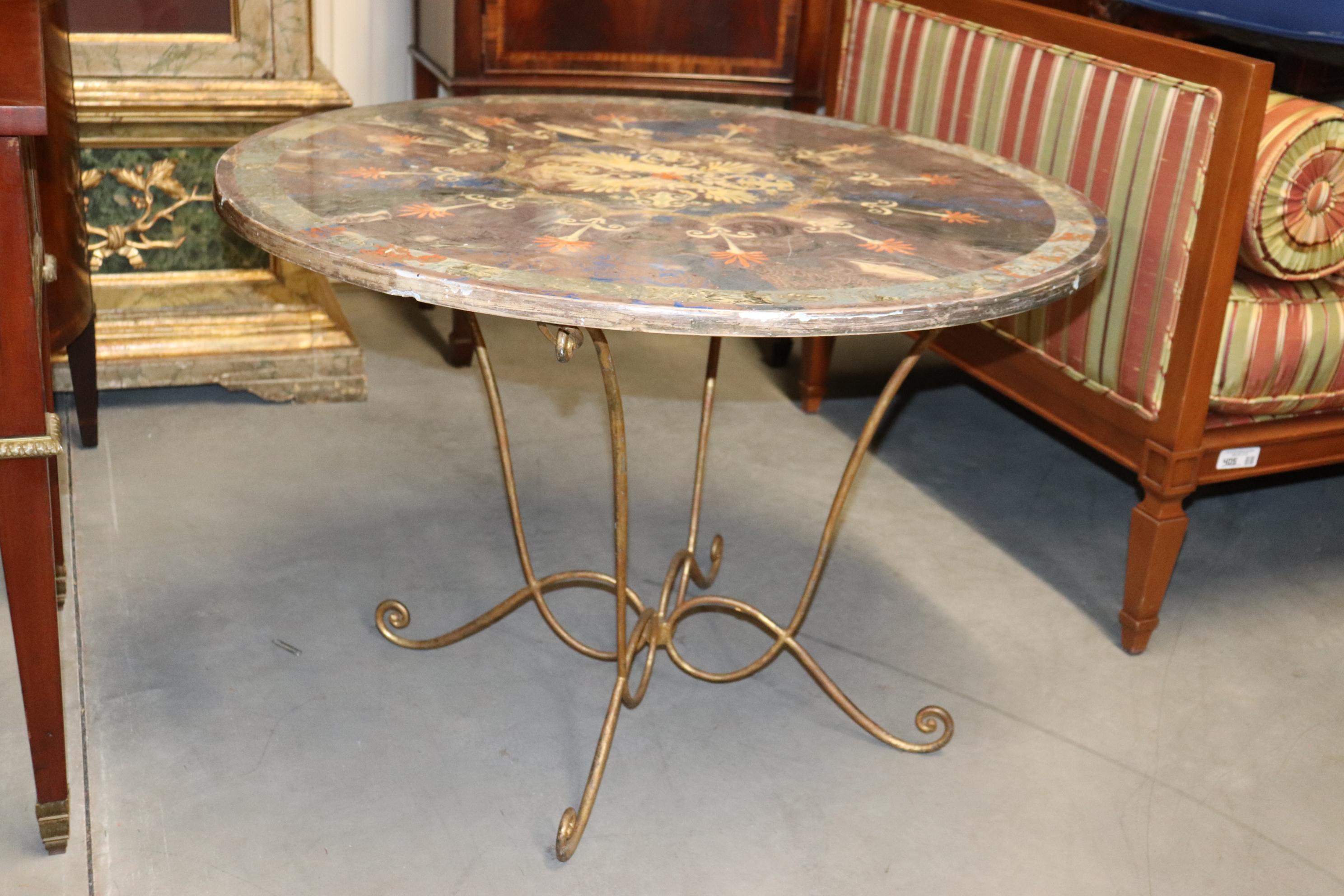 Hollywood Regency Rare Scagliola Decorated Gilded Wrought Iron Base Center Table For Sale