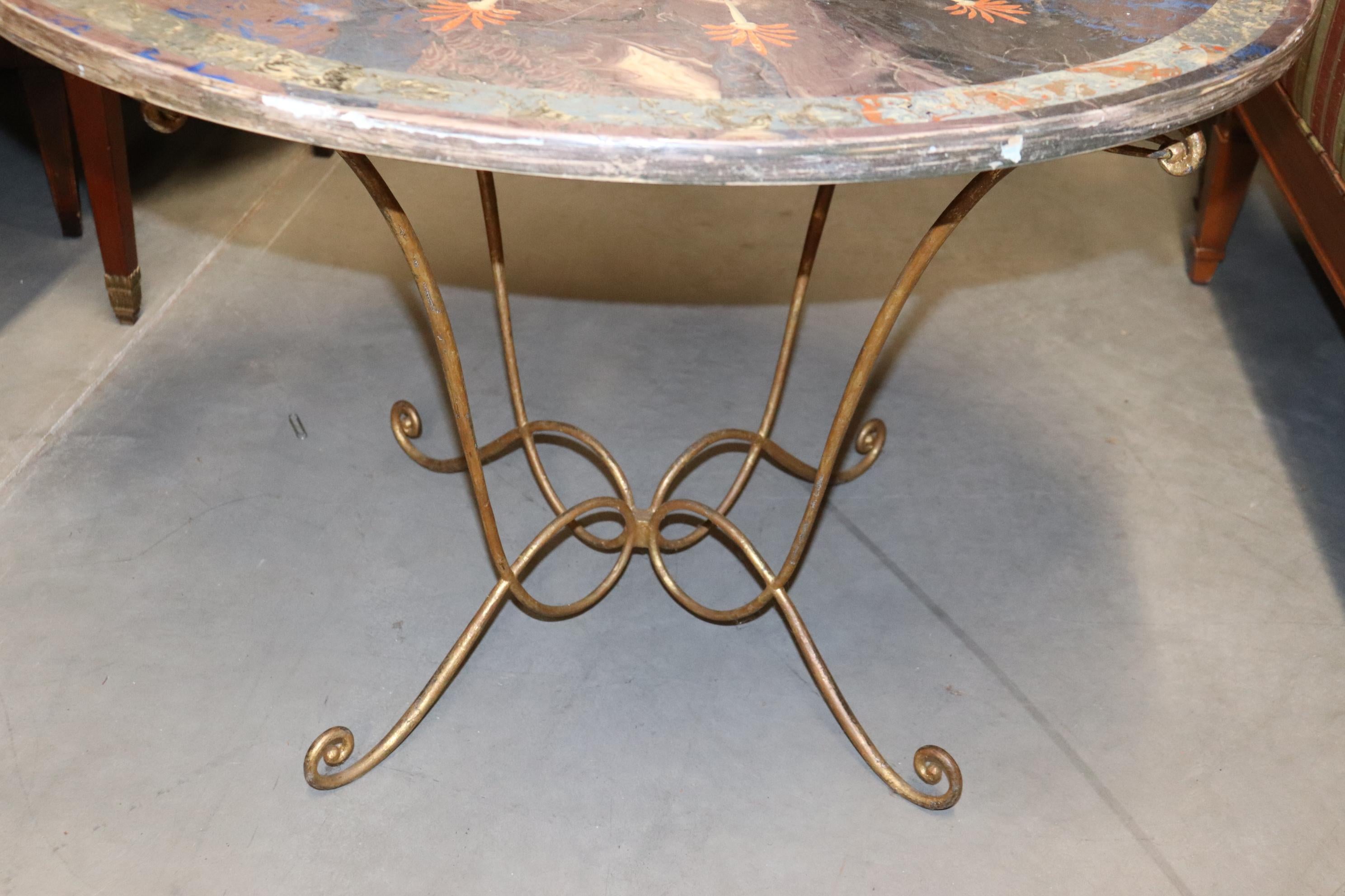 Italian Rare Scagliola Decorated Gilded Wrought Iron Base Center Table For Sale