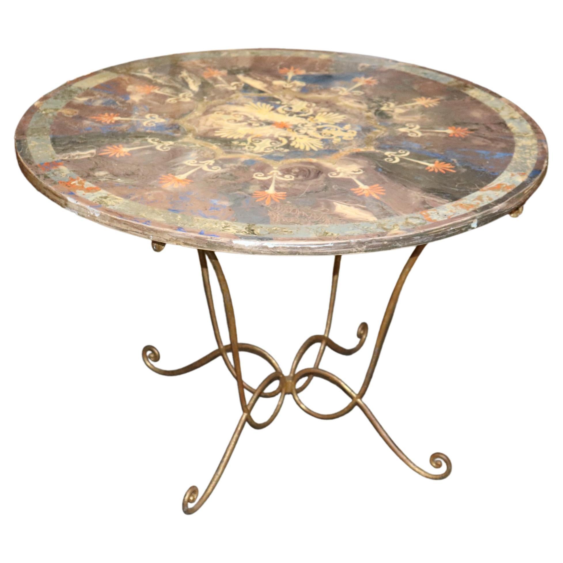 Rare Scagliola Decorated Gilded Wrought Iron Base Center Table For Sale