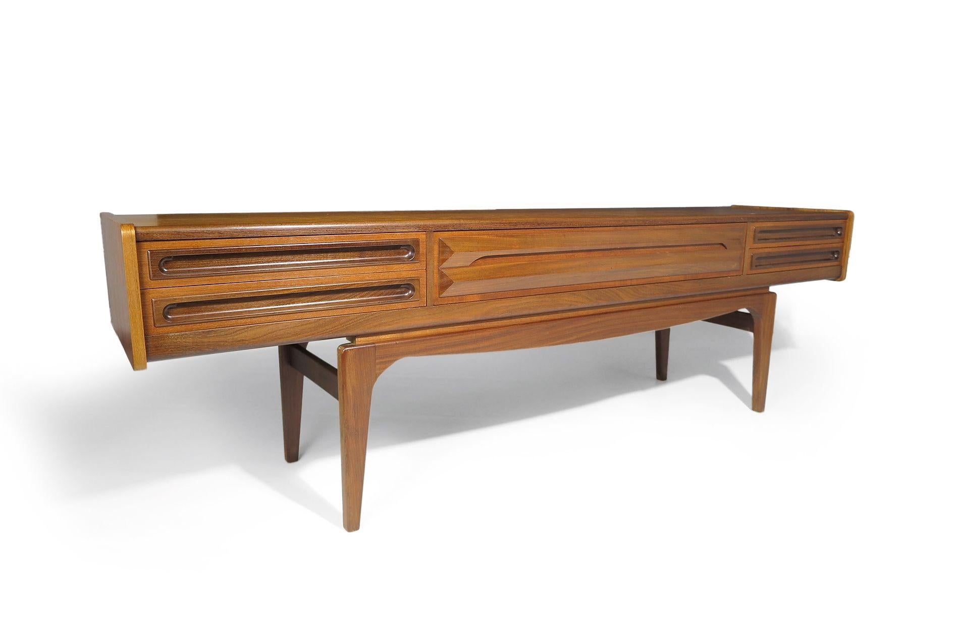 Danish Rare Scandinavian Low Teak Sideboard Media Credenza on Sculptural Legs
