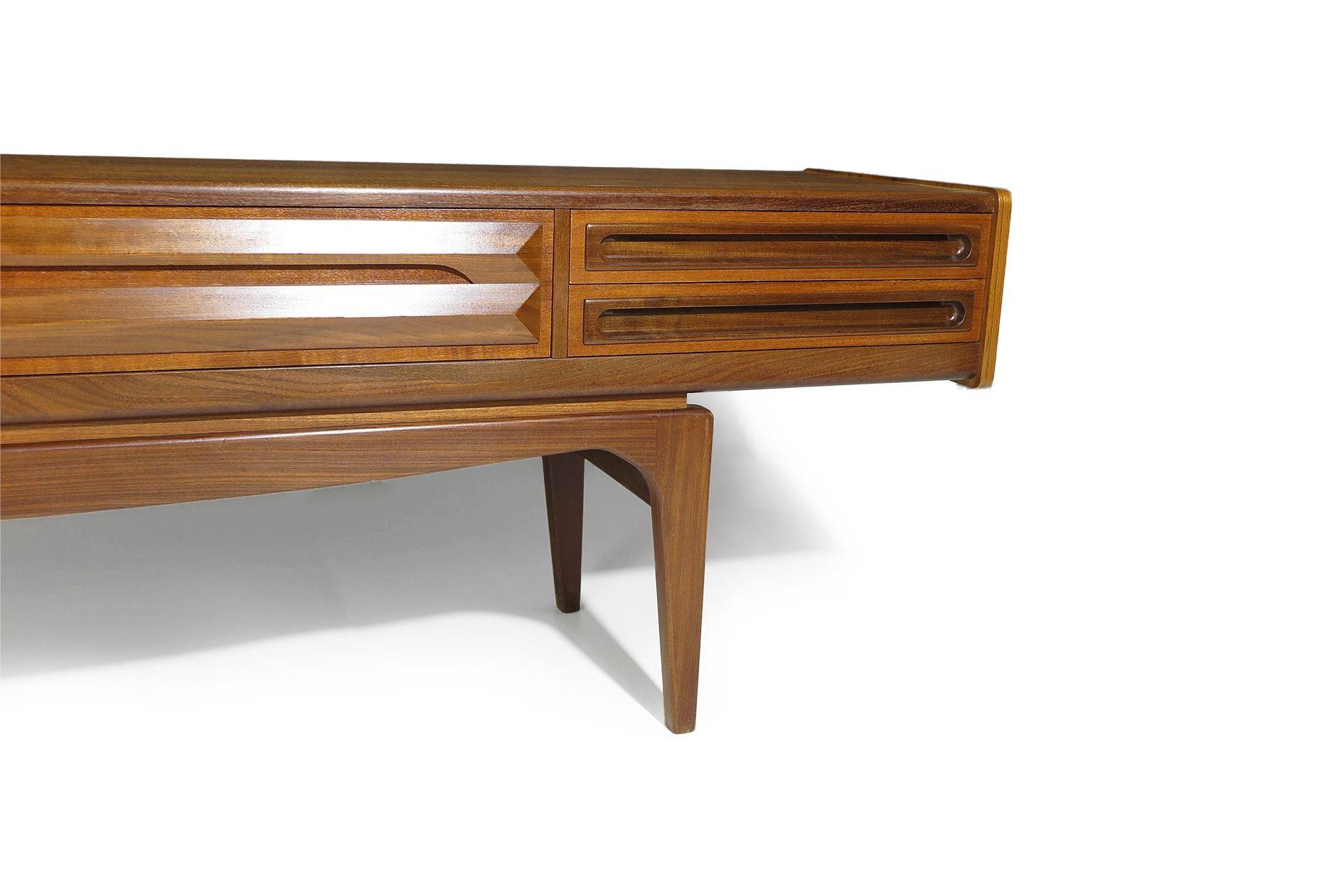 Rare Scandinavian Low Teak Sideboard Media Credenza on Sculptural Legs In Excellent Condition In Oakland, CA