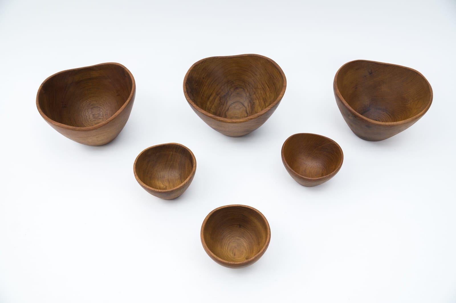 Mid-Century Modern Rare Scandinavian Set of Six Teak Bowls, 1960s For Sale