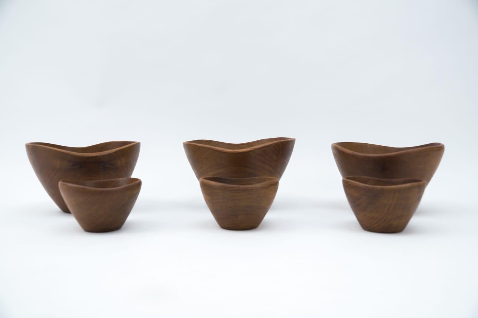 Mid-20th Century Rare Scandinavian Set of Six Teak Bowls, 1960s For Sale