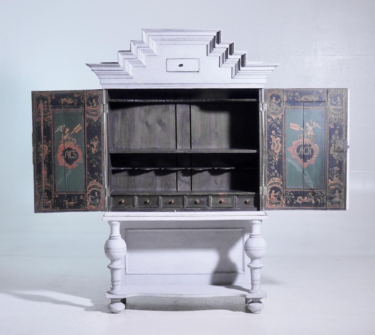 18th Century and Earlier Rare Scandinavian two-parts Baroque cabinet with original inside paint, 18th C. For Sale