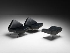 Rare Schmieder Angular Faceted 'Brasilia' Lounge Chairs in Black Upholstery and Steel