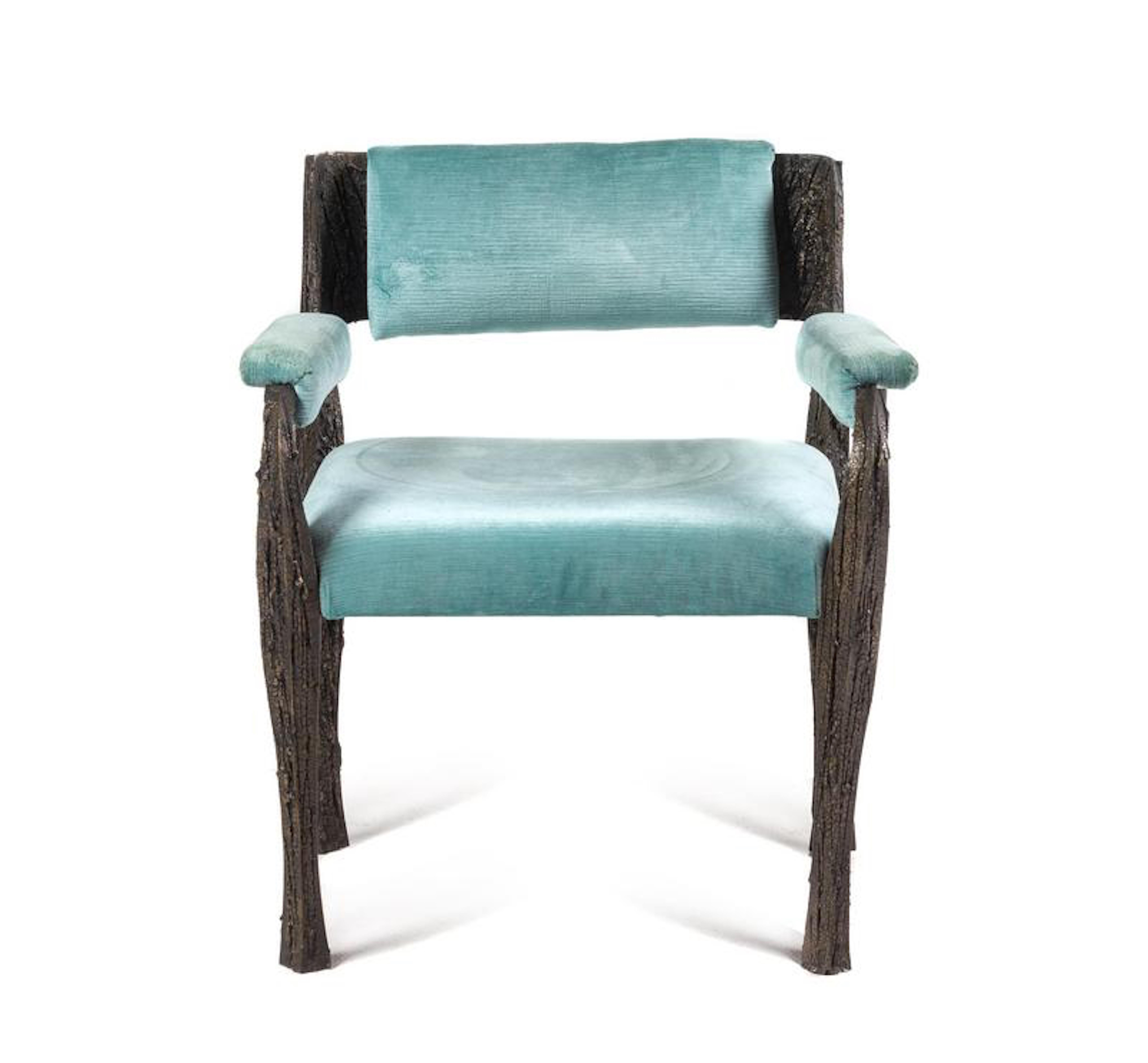 Rare sculpted bronze armchair, by Paul Evans upholstered with pale blue velvet fabric, USA.



        