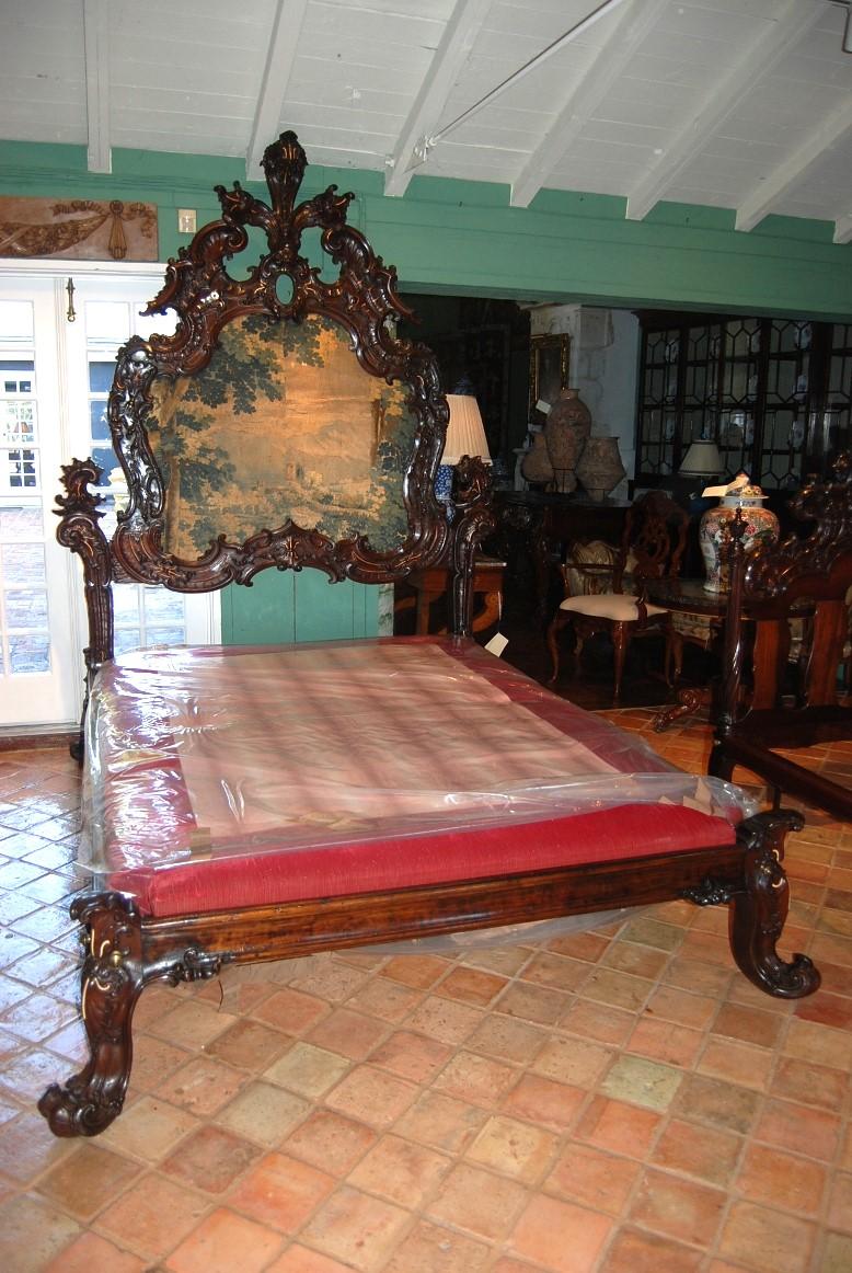 Rare Sculpted Colonial Portuguese 17th/18th C. Jacaranda King Bed Antique LA CA detailed with cartouches.Dimensions: Height: 103”   Width: 67”   Depth:93 ½”   Comparable to Cal King with  Less Width.
This bed is Inlaid with exceptional carving.