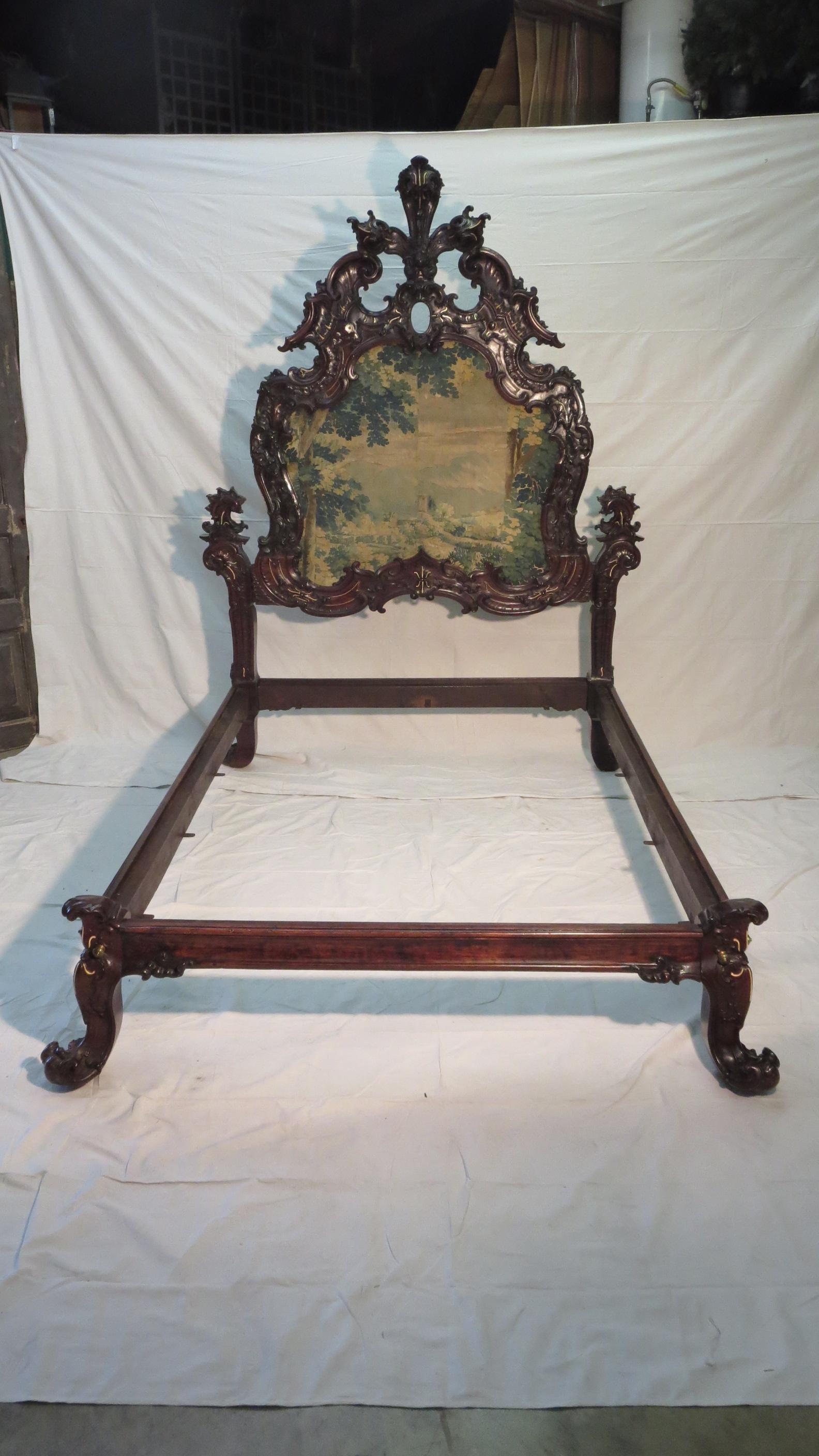 Hardwood Rare Sculpted Colonial Portuguese 17th/18th C. Jacaranda King Bed Antique LA CA For Sale