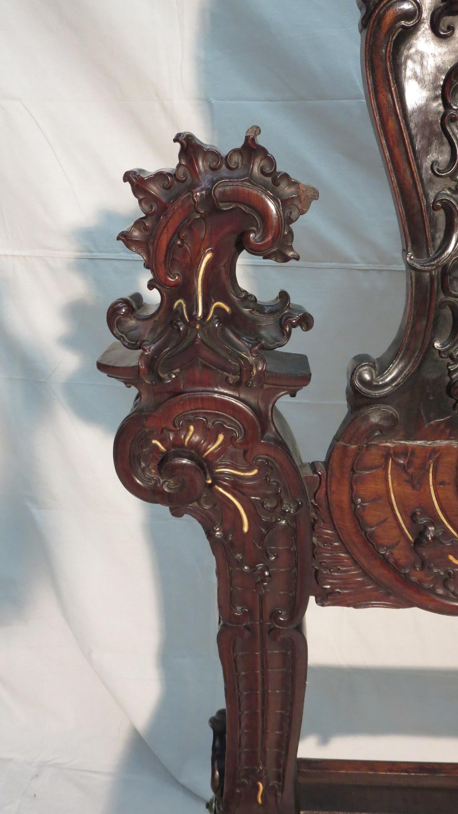 Rare Sculpted Colonial Portuguese 17th/18th C. Jacaranda King Bed Antique LA CA For Sale 3