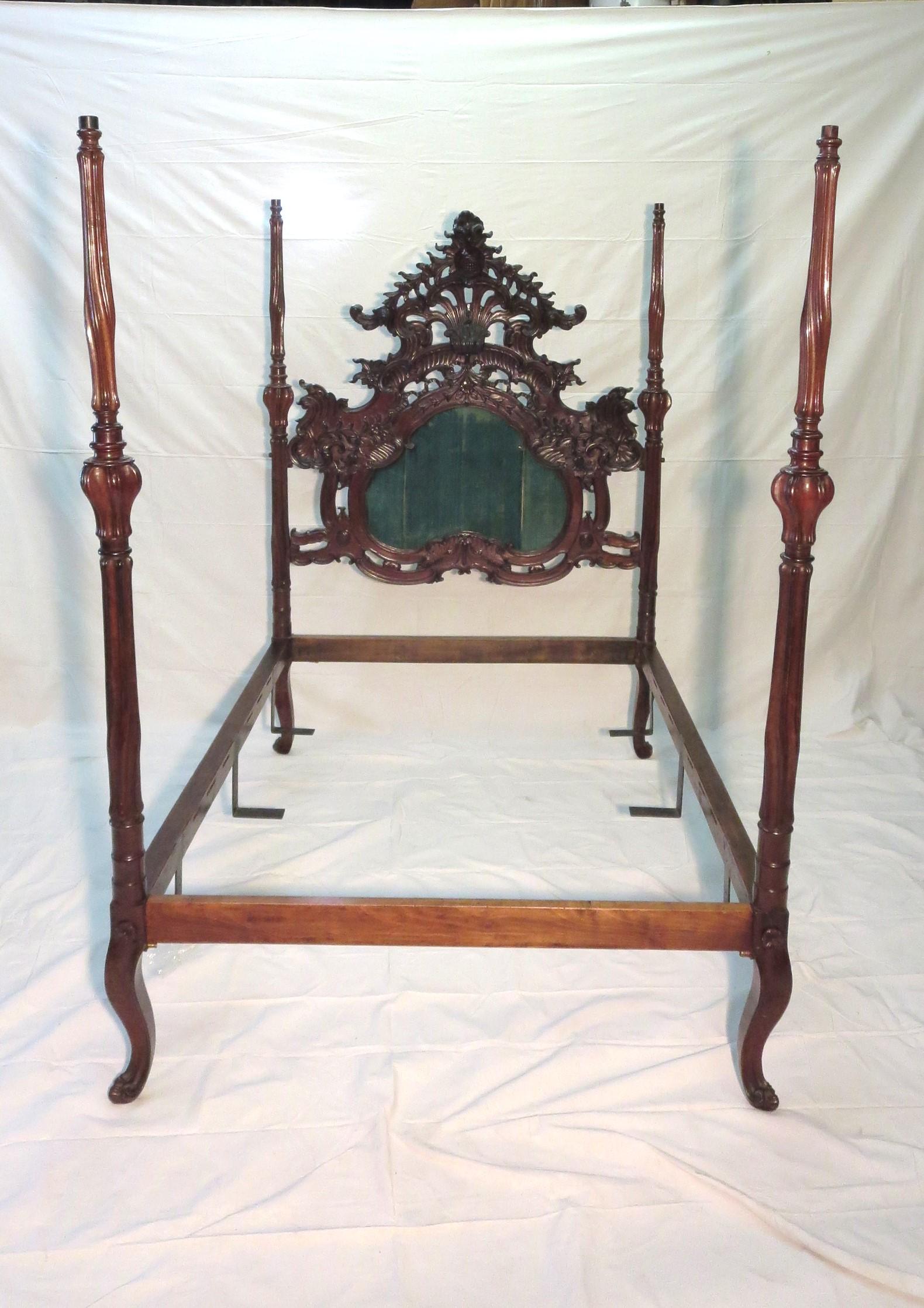 Rare Sculpted Colonial Portuguese 17th/18th C. Jacaranda Queen Bed Antique LA CA , detailed with a cartouches and Outstanding Torsade Posts  Dimensions: Height: 82”   Depth:78 ½” Width: 57”   (between full and queen ) more queen size 
fine Sculpted