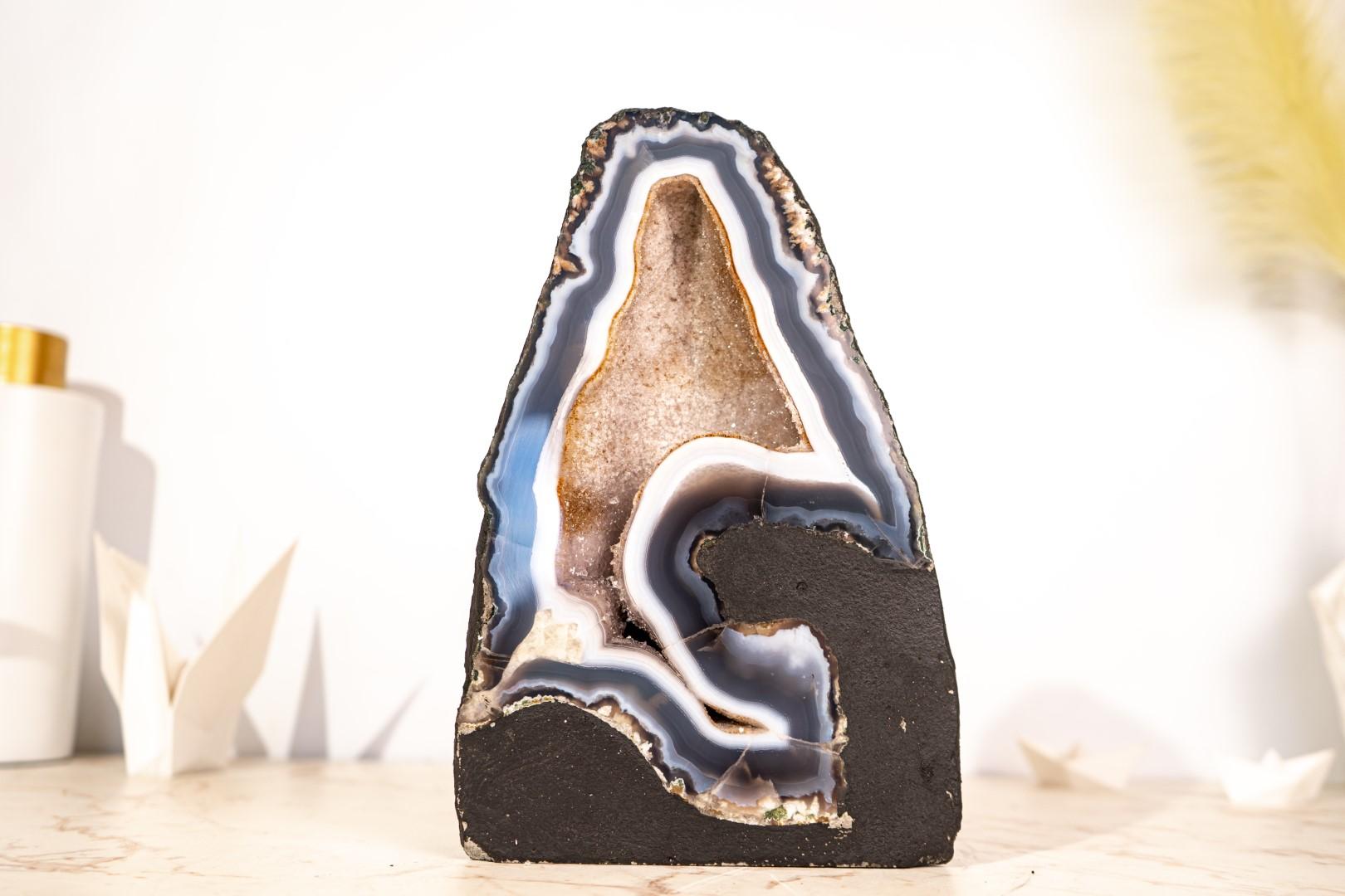 Geoda escultórica de ágata encaje azul y blanca con cristal druzy galaxia blanco en venta 2