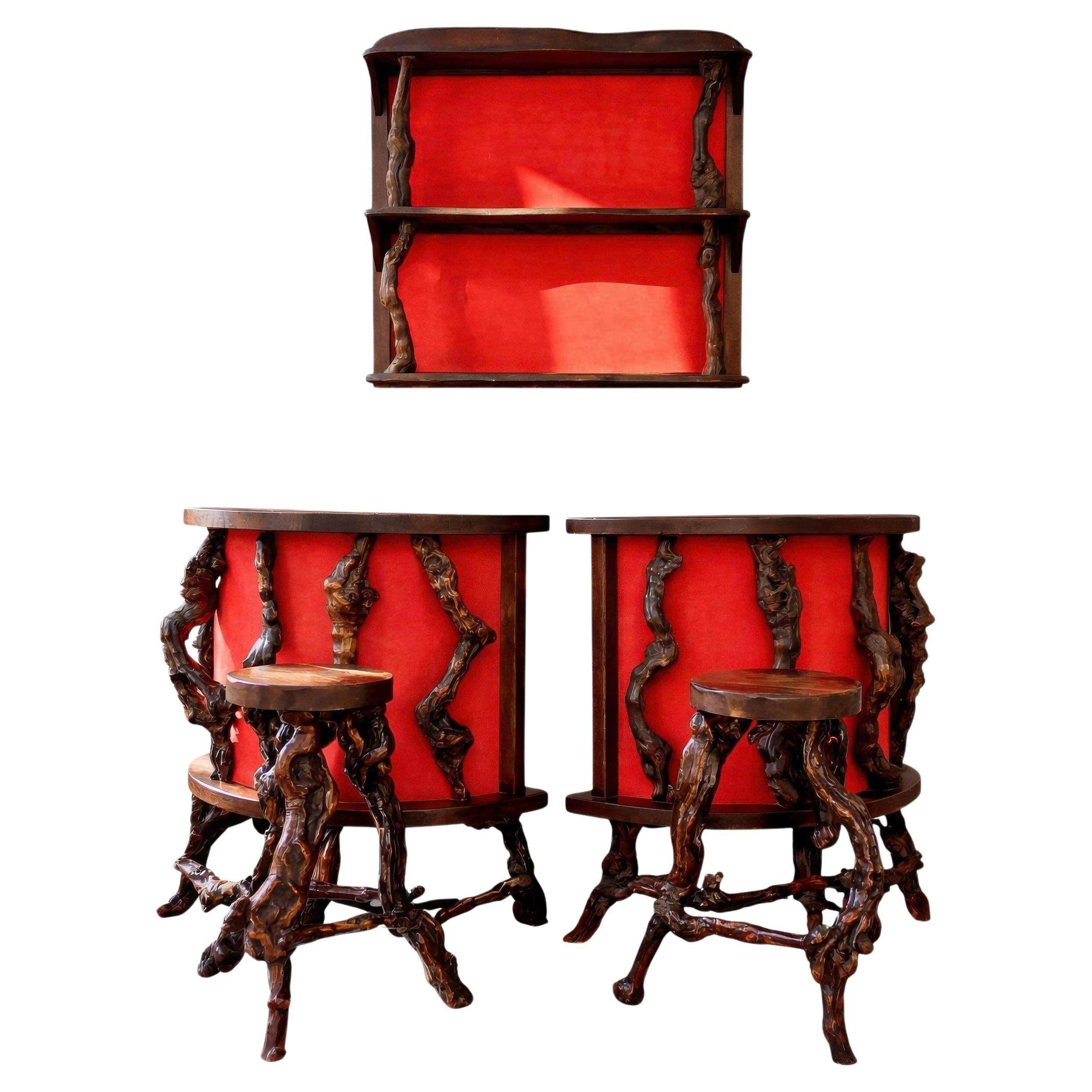 Rare Sculptural Brutalist Rootwood Bar Ensemble France 1950s 5-Piece Dry Bar Set