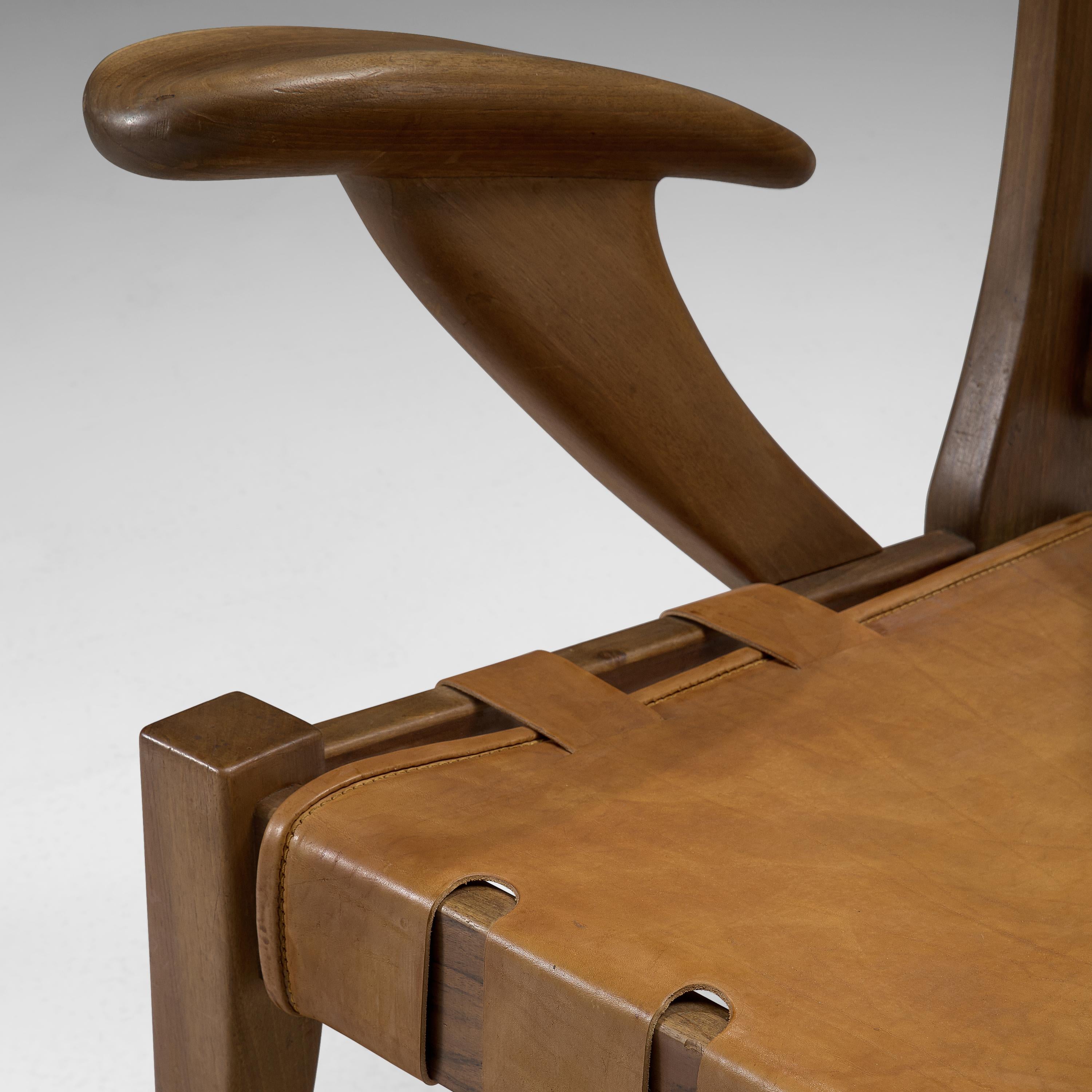 Mid-Century Modern Rare Sculptural Guglielmo Pecorini Lounge Chair in Ash and Cognac Leather