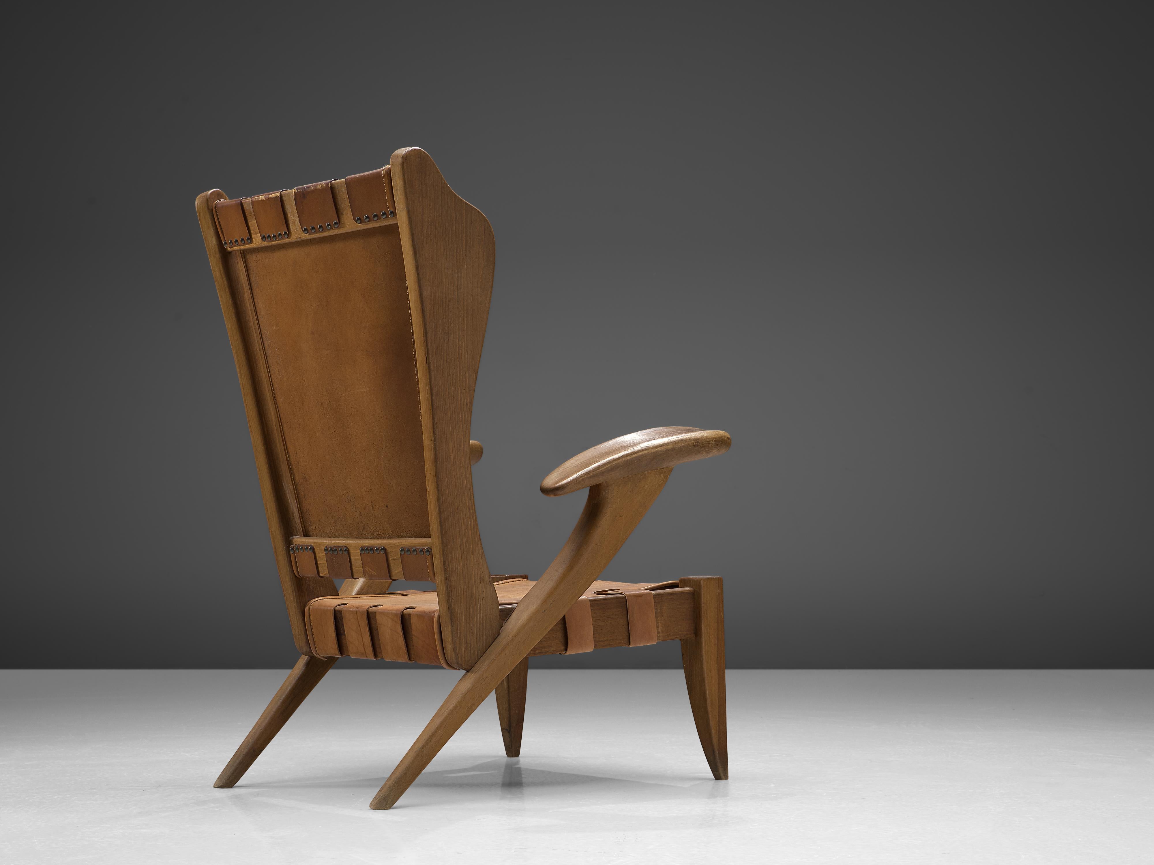 Italian Rare Sculptural Guglielmo Pecorini Lounge Chair in Ash and Cognac Leather