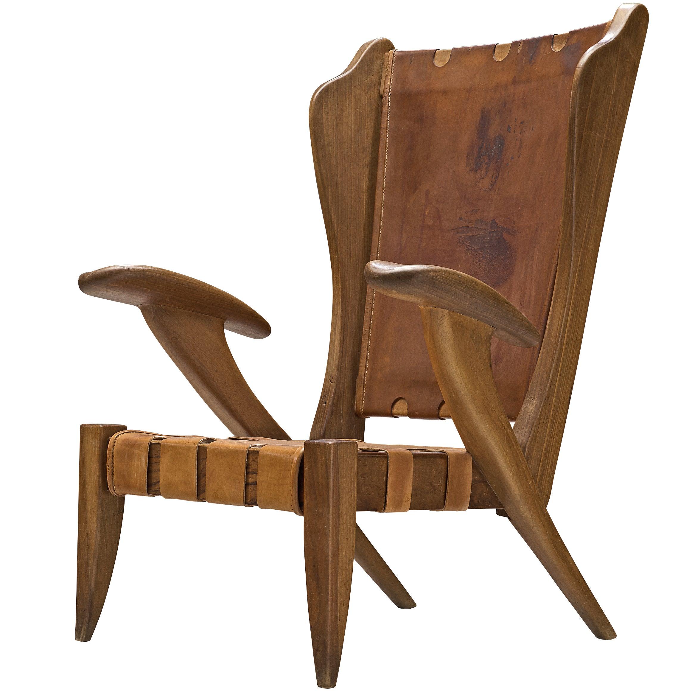 Rare Sculptural Guglielmo Pecorini Lounge Chair in Ash and Cognac Leather