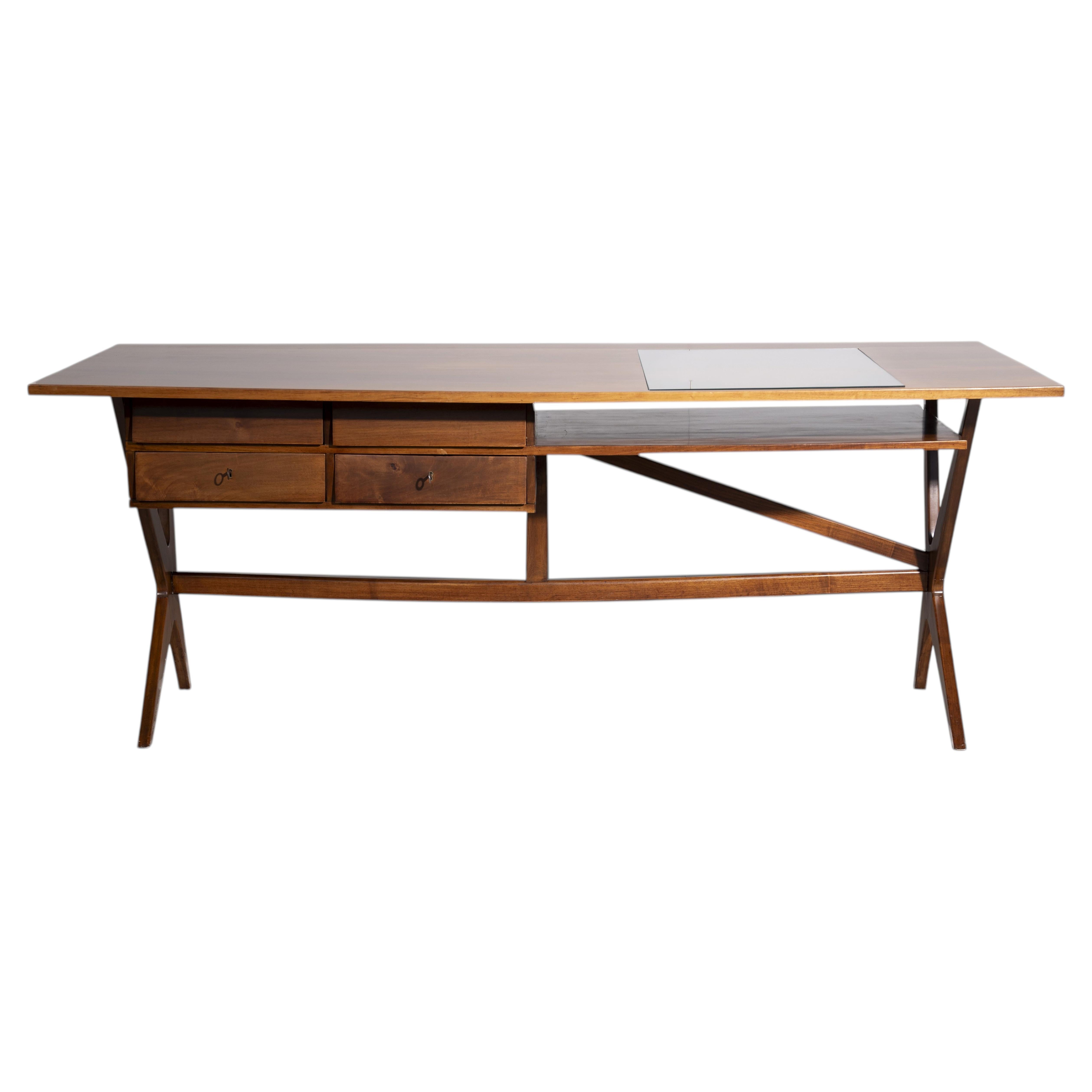 Rare Sculptural Walnut Executive Desk by Arturo Roversi, Italy, 1950s For Sale
