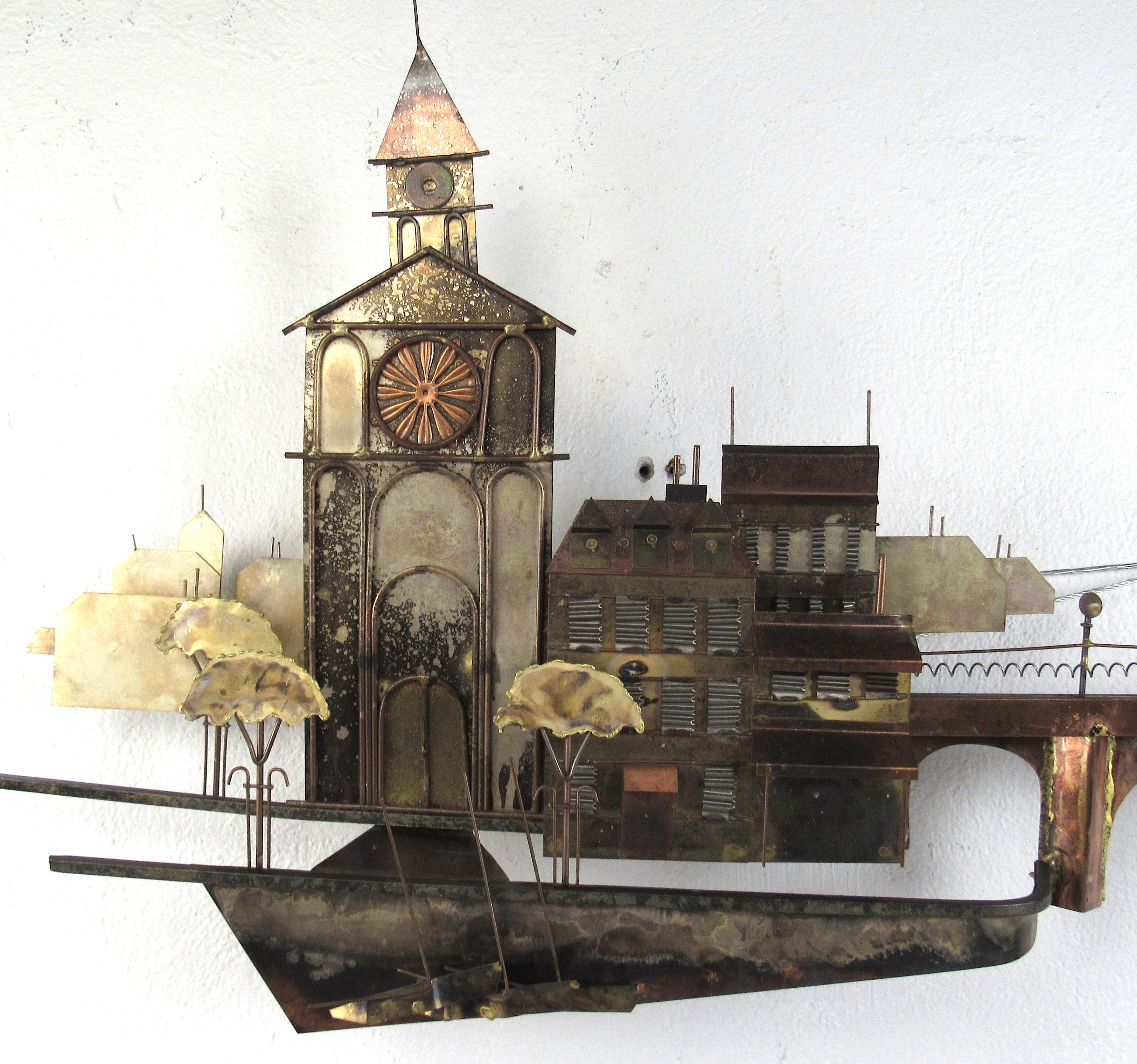 Signed c. Jere sculpture of waterfront village with church and town connected by a bridge. Please confirm item location (NY or NJ) with dealer. Age-appropriate wear, patina. 