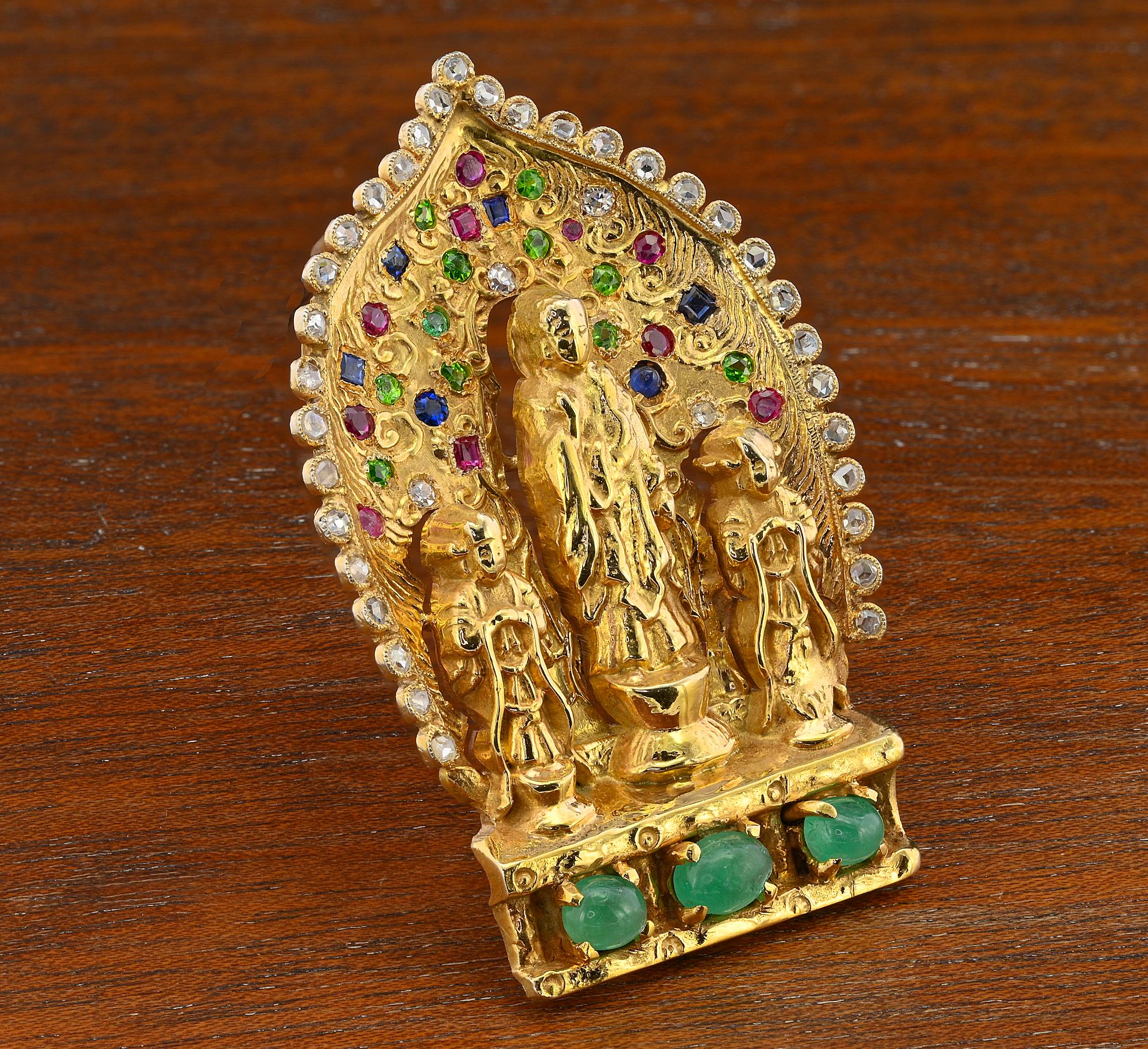 Women's or Men's Rare Seaman Schepps Vintage Asian Divinity Gemset Brooch For Sale