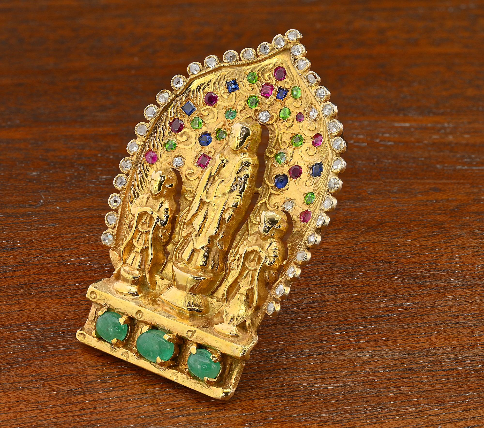 Rare Seaman Schepps Vintage Asian Divinity Gemset Brooch For Sale 3