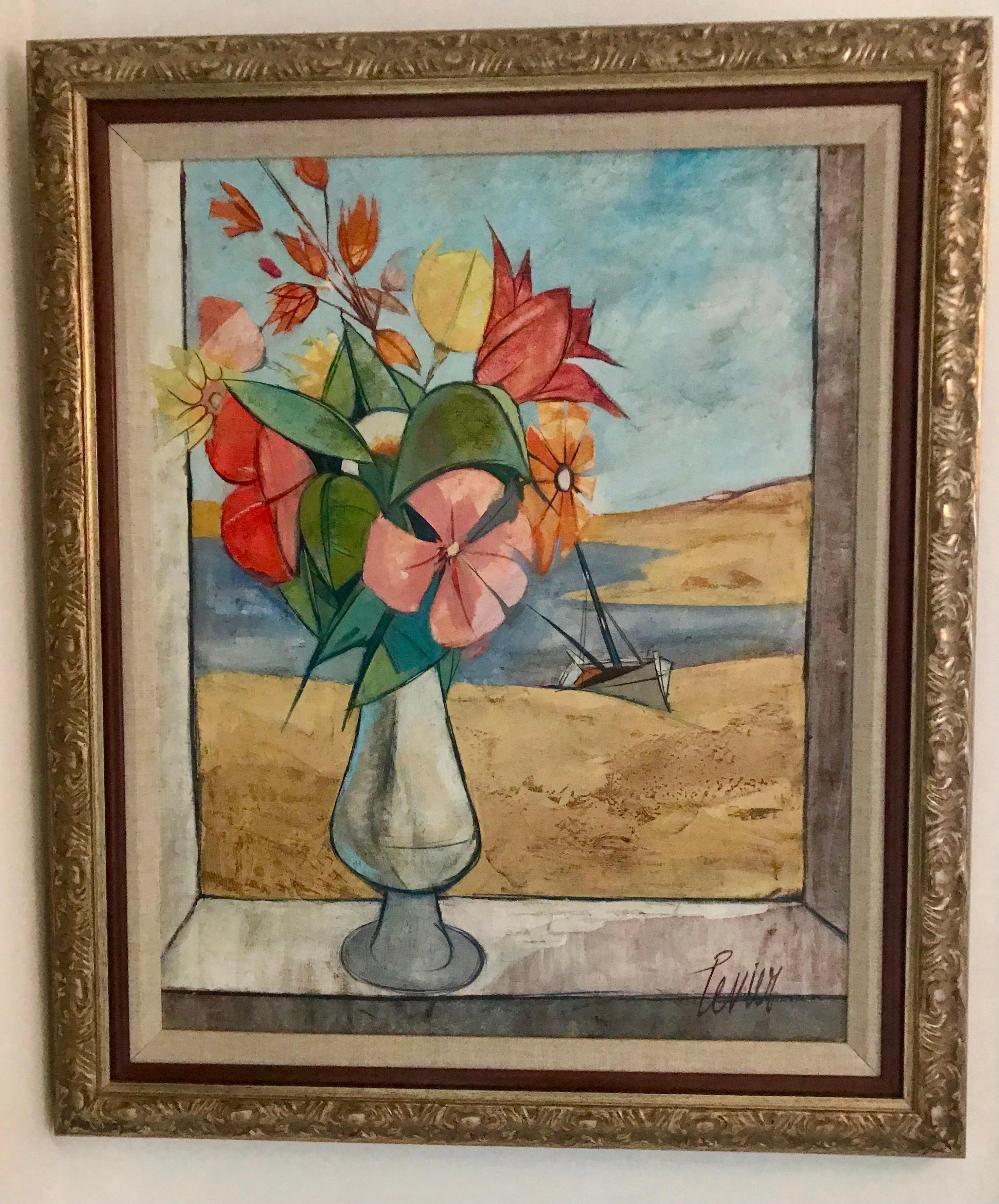 A large framed oil on canvas by Charles Levier, titled 'Bouquet Levier' circa 1958. The painting is signed to the front and titled on the back. Charles Levier was Corsican born in 1920 to a French Father and American Mother. He studied at the Ecole