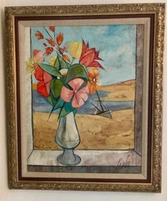 Rare Seascape and Bouquet Oil on Cancas by Charles Levier, 1958