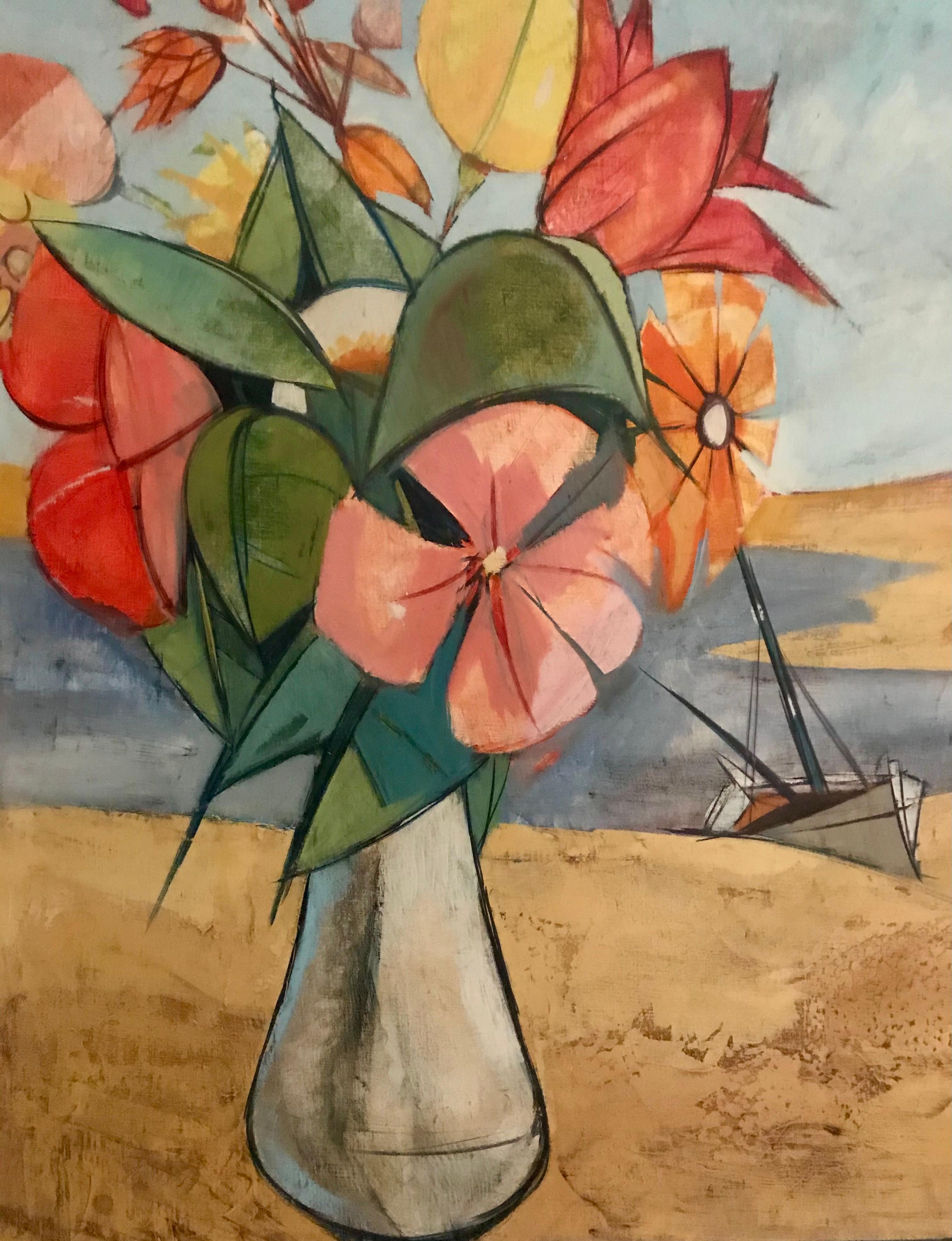 Mid-Century Modern Rare Seascape and Bouquet Oil on Cancas by Charles Levier, 1958