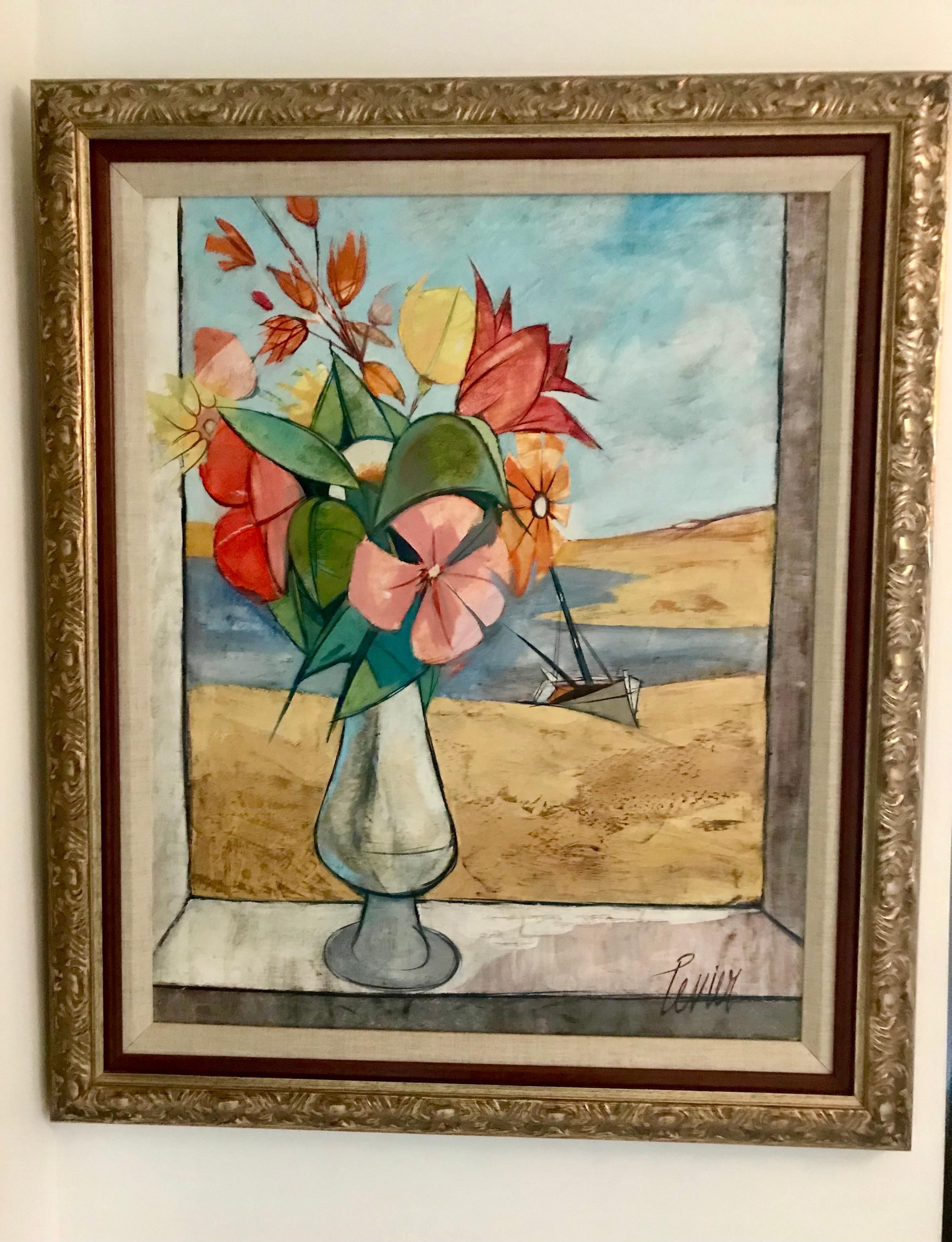 French Rare Seascape and Bouquet Oil on Cancas by Charles Levier, 1958