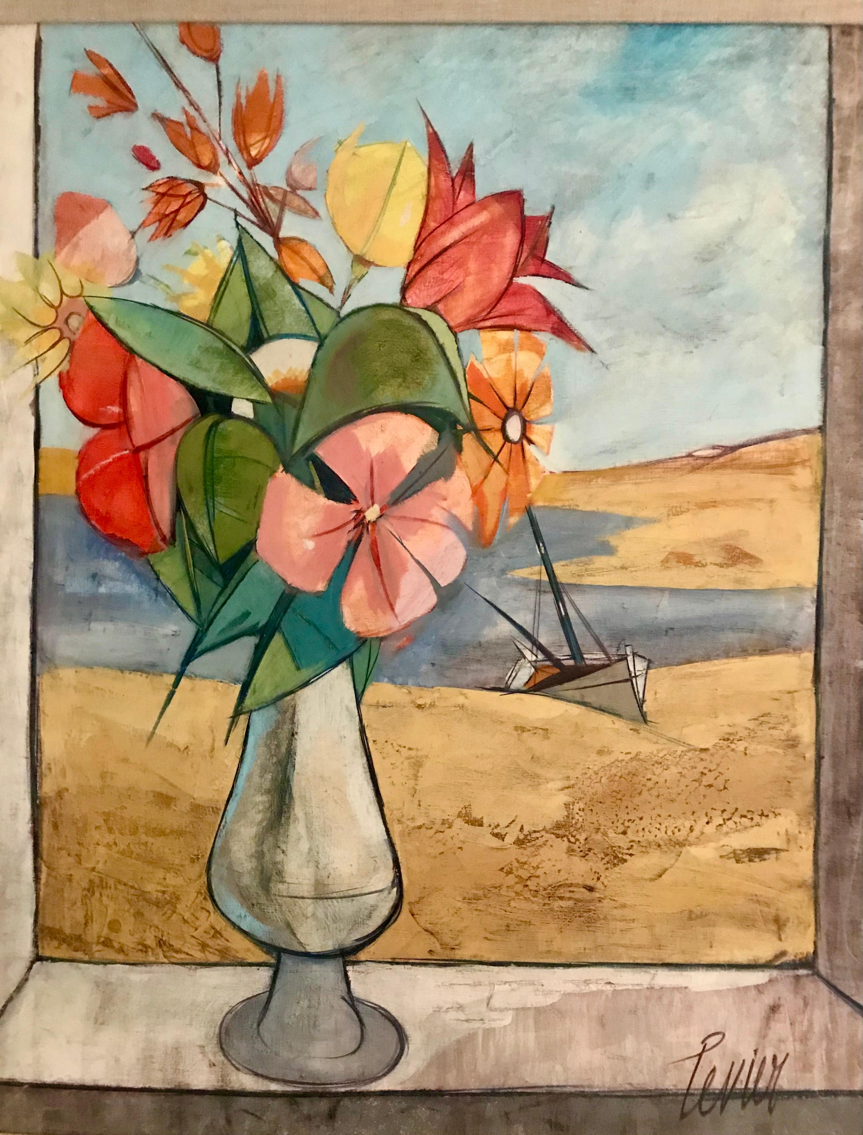 Painted Rare Seascape and Bouquet Oil on Cancas by Charles Levier, 1958
