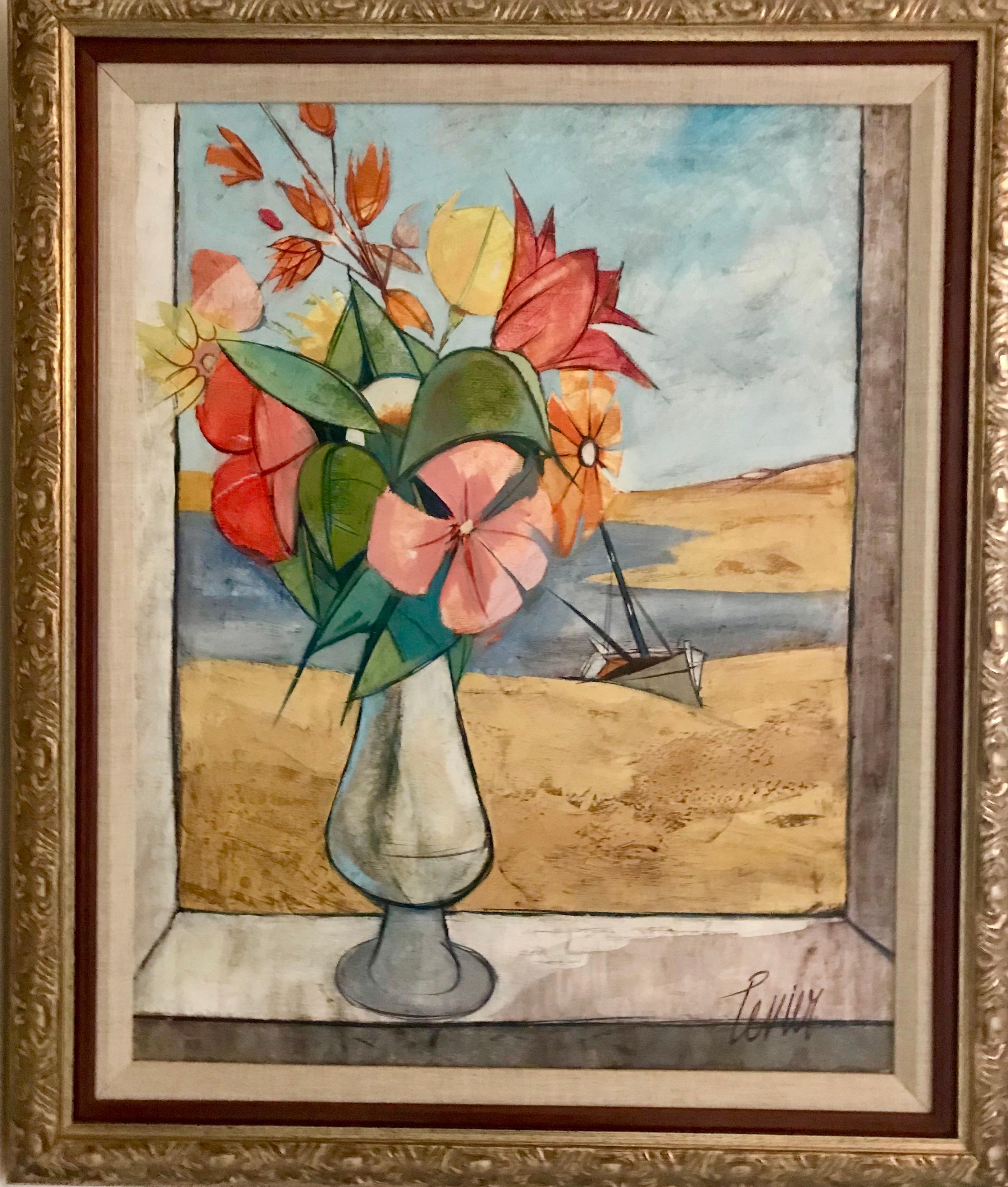 Rare Seascape and Bouquet Oil on Cancas by Charles Levier, 1958 In Good Condition In Miami, FL