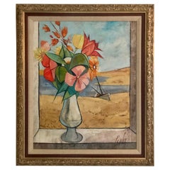 Rare Seascape and Bouquet Oil on Cancas by Charles Levier, 1958