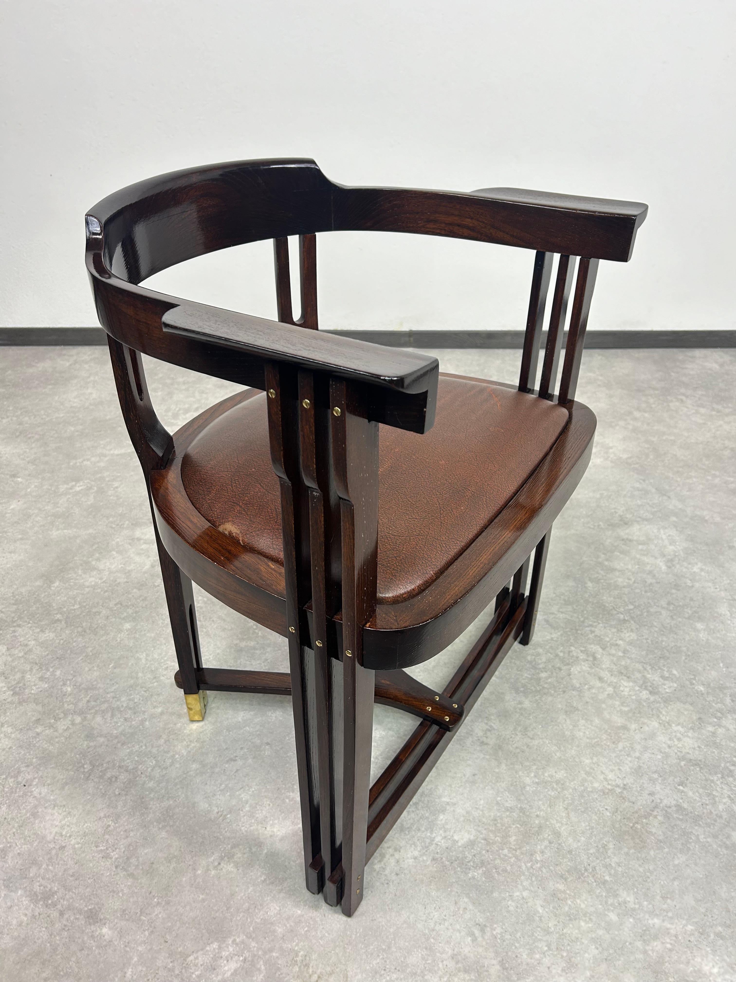 Rare Secession Armchair by Anton Pospischil. Chair has been professionally stained and repolished. Leather on the seat in the original condition. 
This piece has been attributed based on archival documentation, such as vintage catalogs, designer