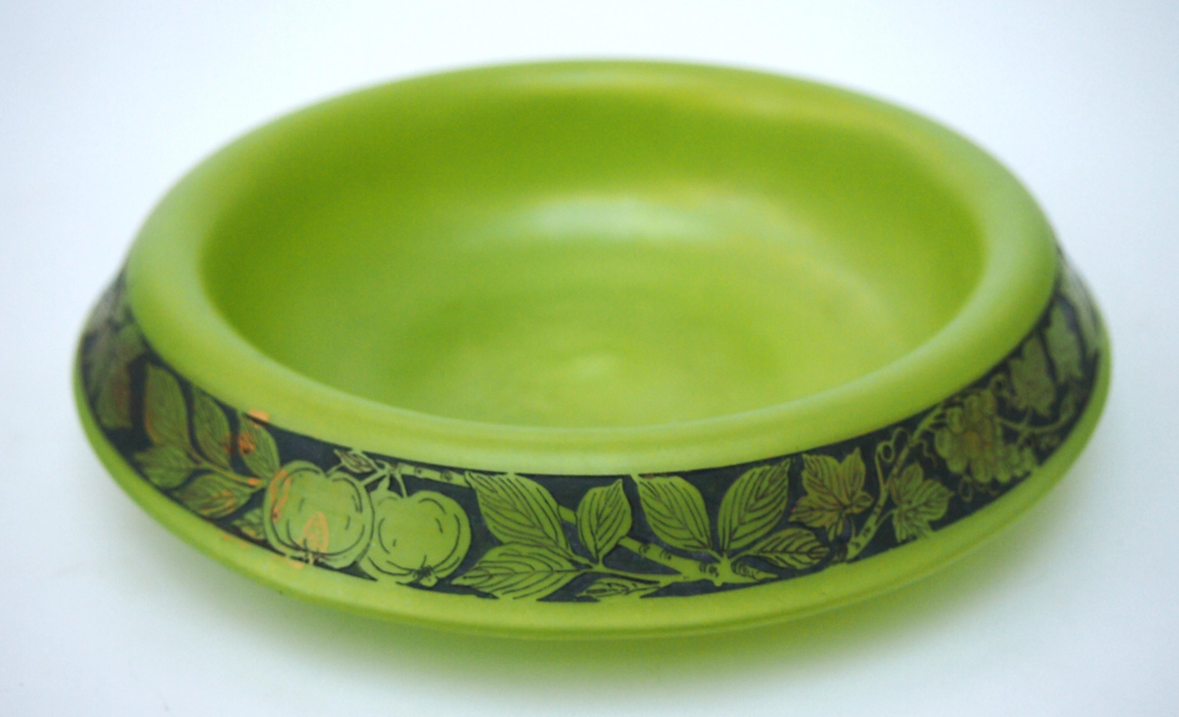 Exceptionally rare Loetz oroplastic pattern low shaped bowl in 'seed green' with a black frieze of fruiting branches  lightly decorated with gold. Although it is well documented that Loetz made this pattern, few examples turn up  and when they do