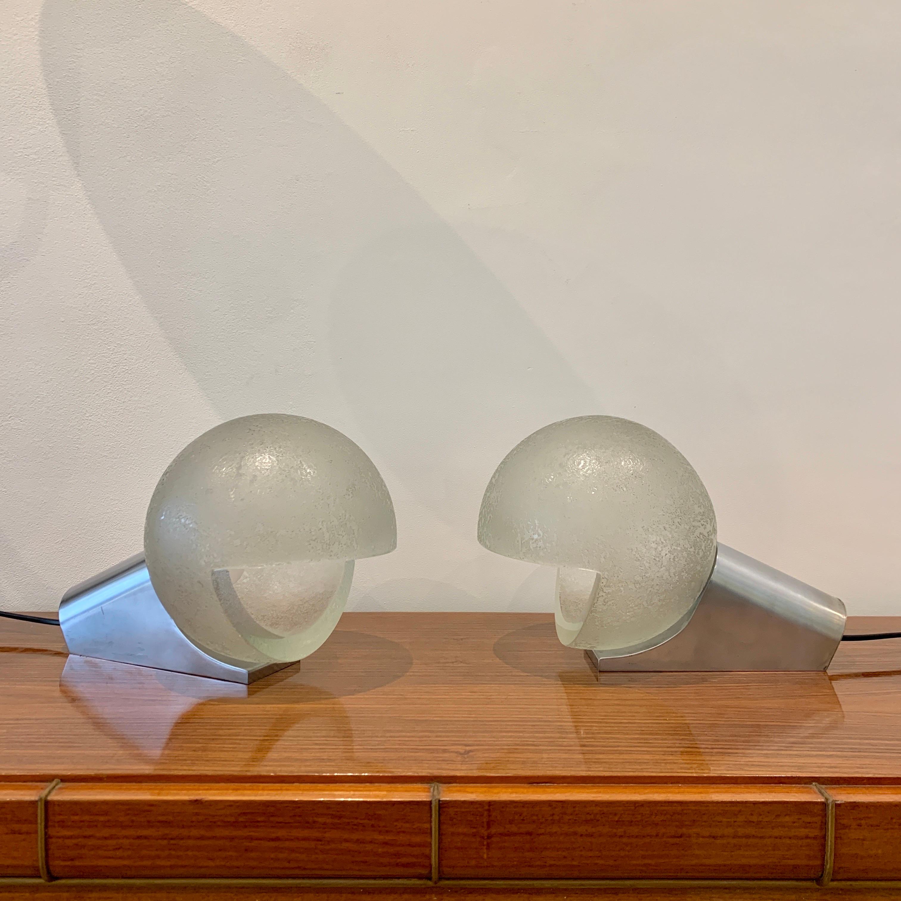 Mid-20th Century Mid Century Modern Table Lamps in Green Acid Etched Murano Glass by Seguso. For Sale