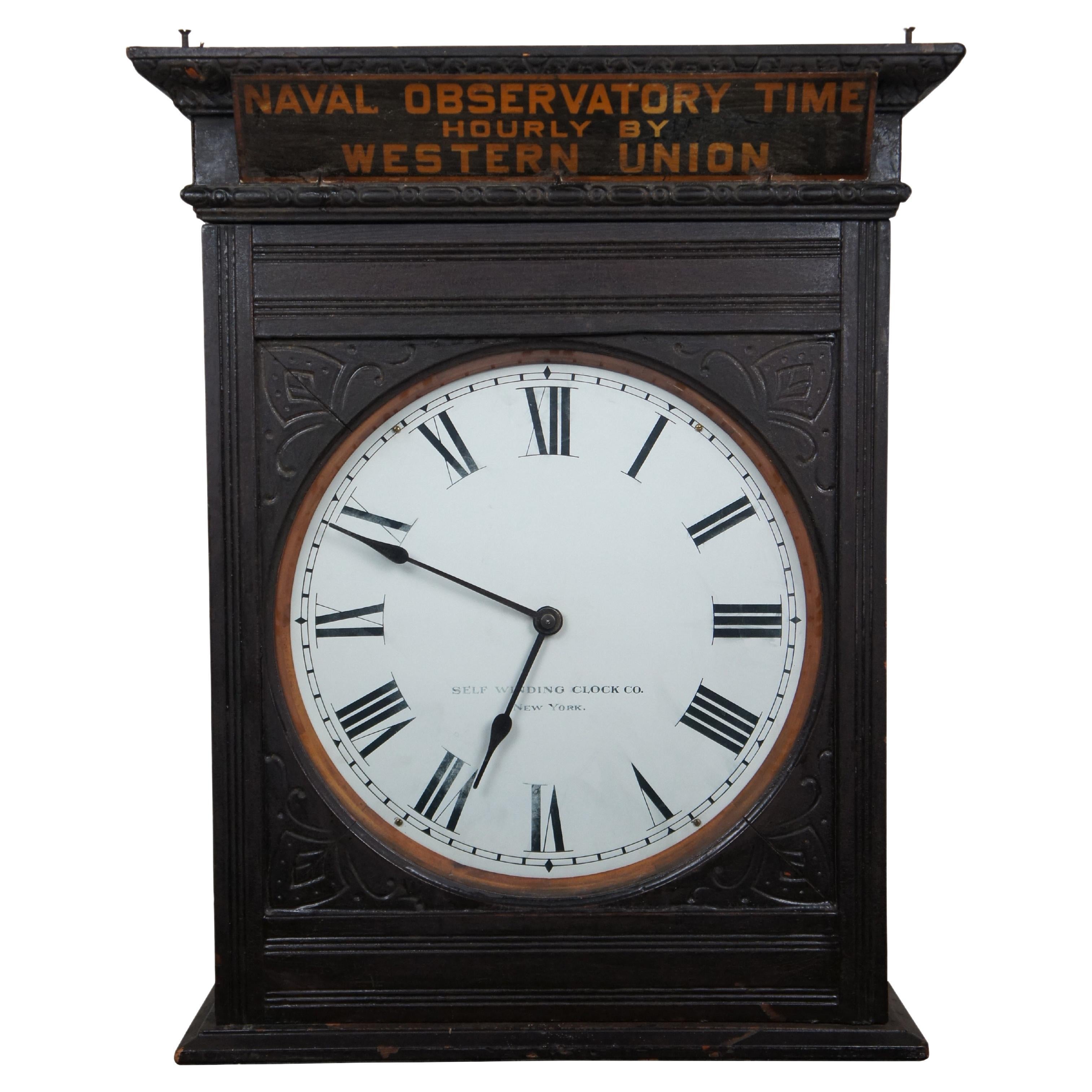 Rare Self Winding Clock Co Naval Observatory Time Western Union Wall Clock 26" For Sale