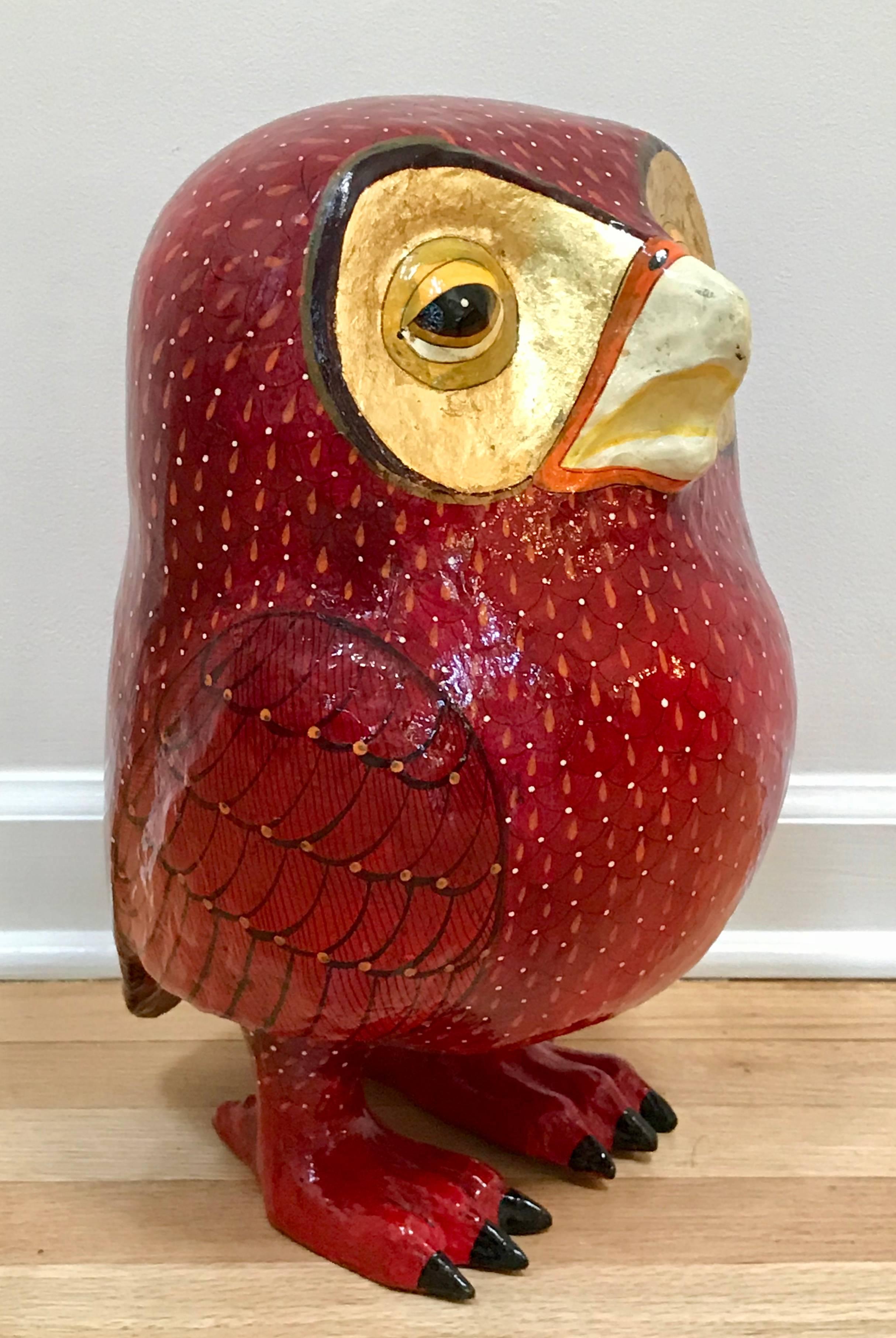 Hand-painted papier mâché owl in vibrant red with gold leafing, high gloss lacquer. Signed and numbered 83/100.