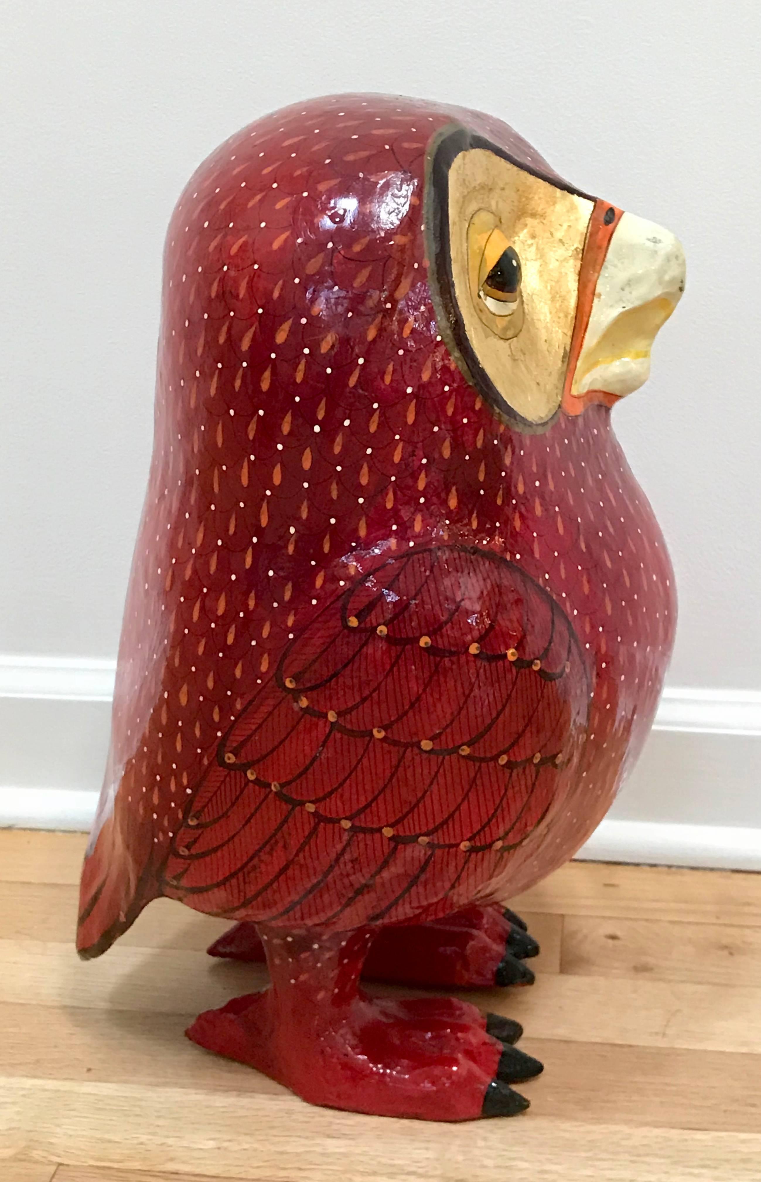 Arts and Crafts Rare Sergio Bustamante Paper Mache Vibrant Red and Gold Owl, 1980s, Mexico