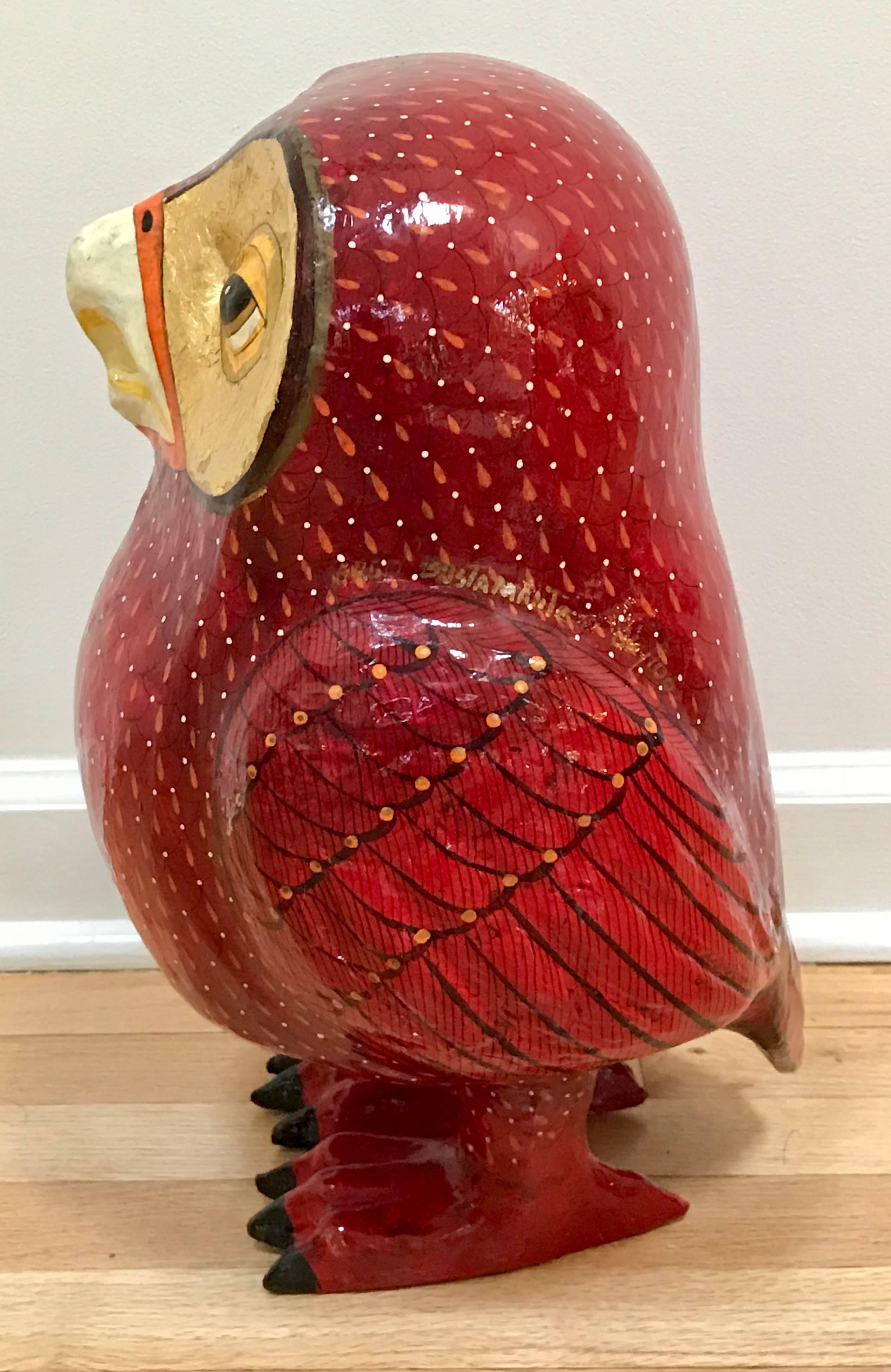 Mexican Rare Sergio Bustamante Paper Mache Vibrant Red and Gold Owl, 1980s, Mexico