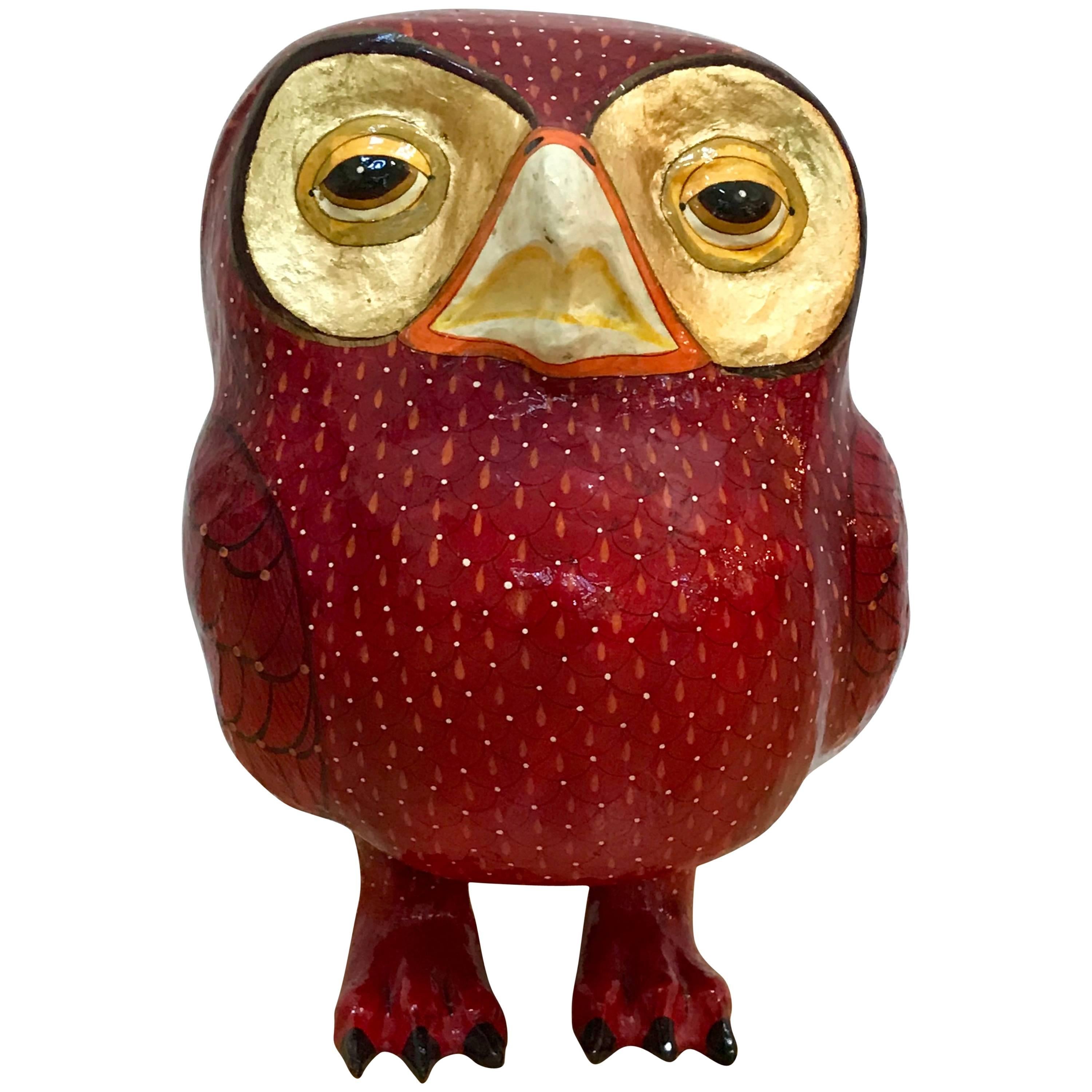 Rare Sergio Bustamante Paper Mache Vibrant Red and Gold Owl, 1980s, Mexico