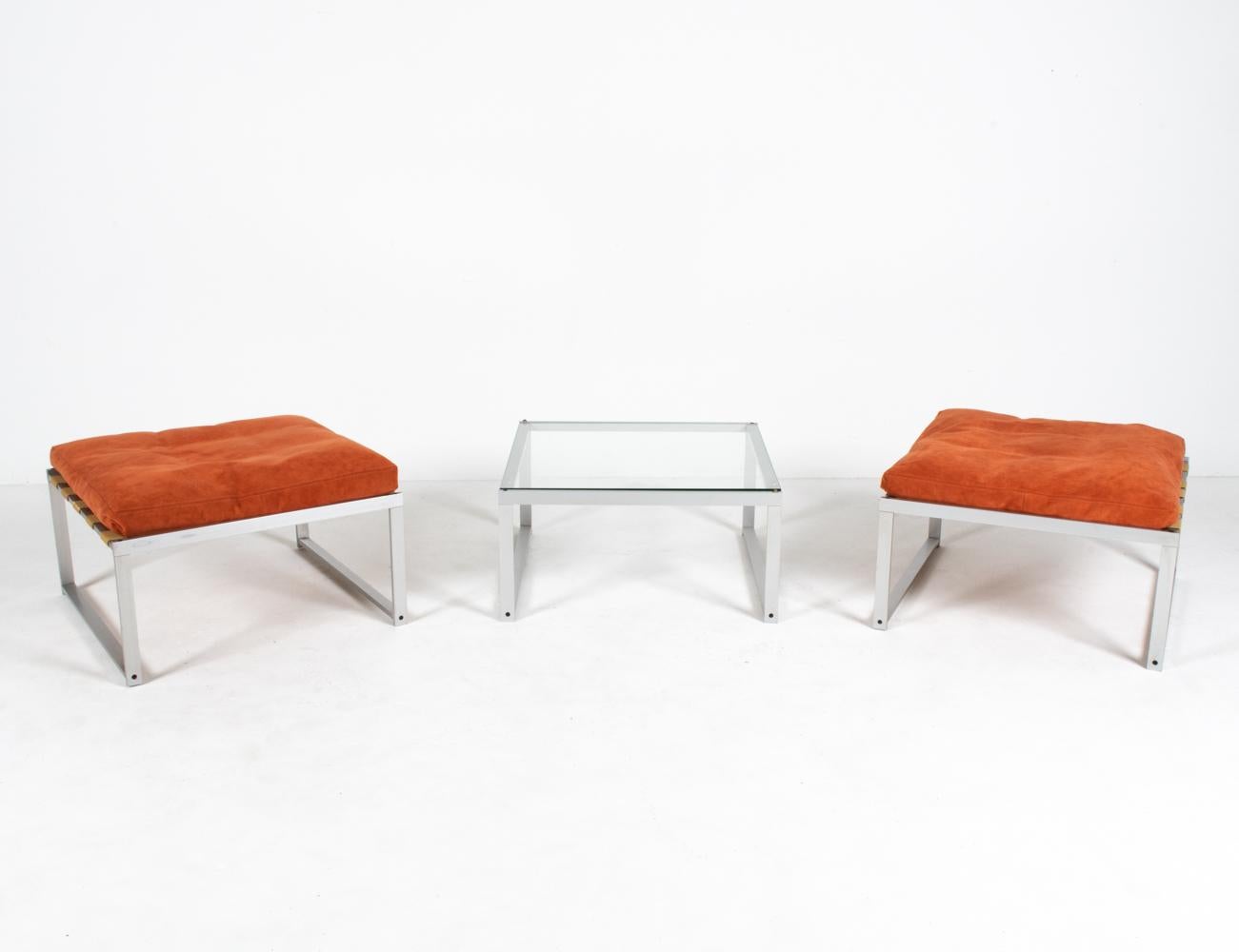 A rare and highly sought-after example of early Minimalism, this fabulous seating suite from the VI 108 series was designed by Jørgen Høj and crafted by Niels Vitsøe from flat bars of high-grade brushed aluminum, making it both sturdy and