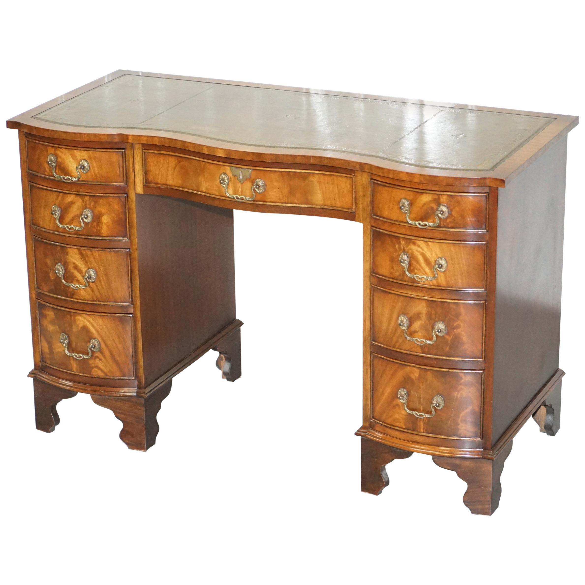 Rare Serpentine Fronted Flamed Mahogany Leather Top Twin Pedestal Partner Desk