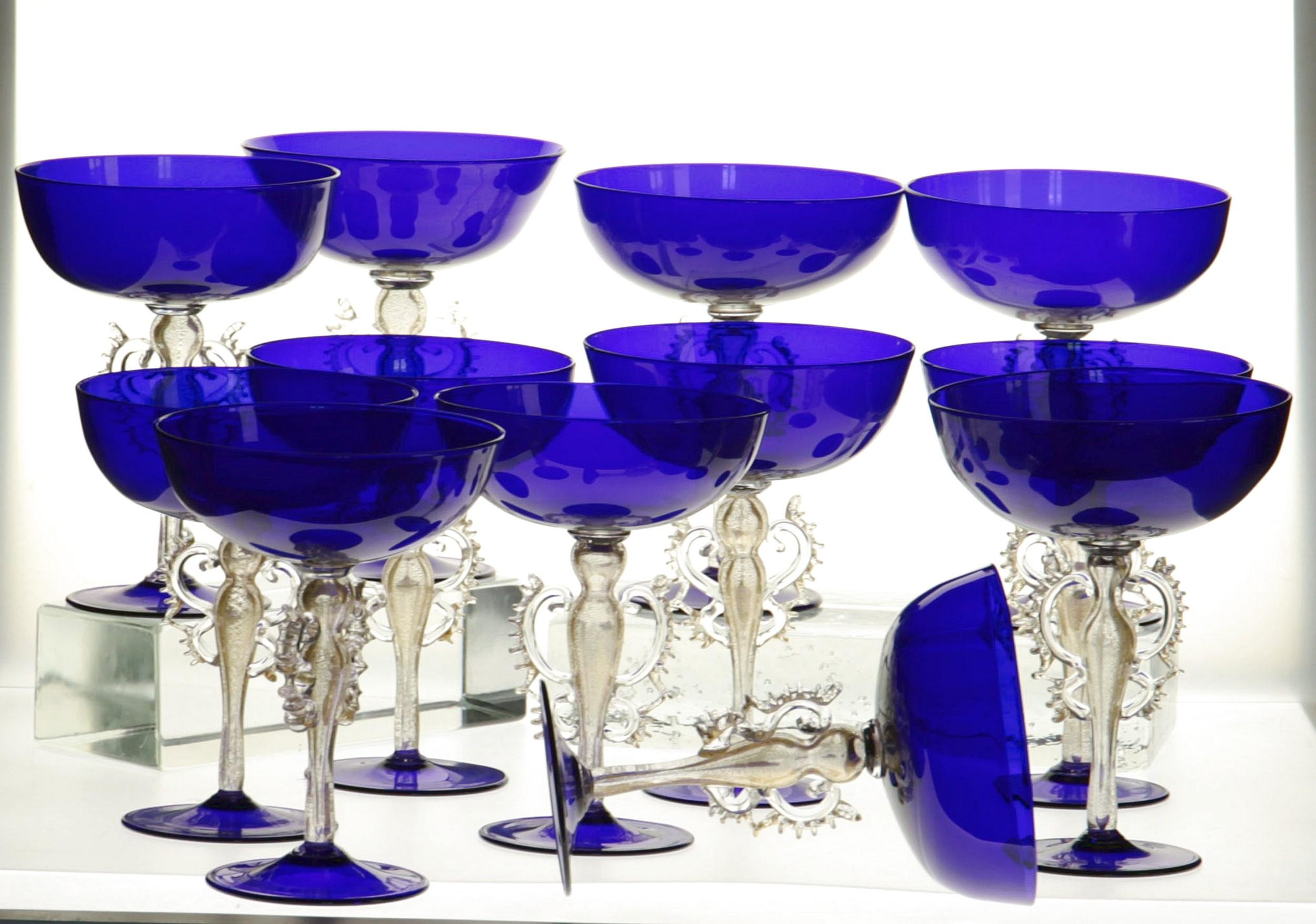 Rare Set, 12 Cenedese Champagne Goblets, Murano Cobalt Glass Gold Accent, Signed For Sale 1