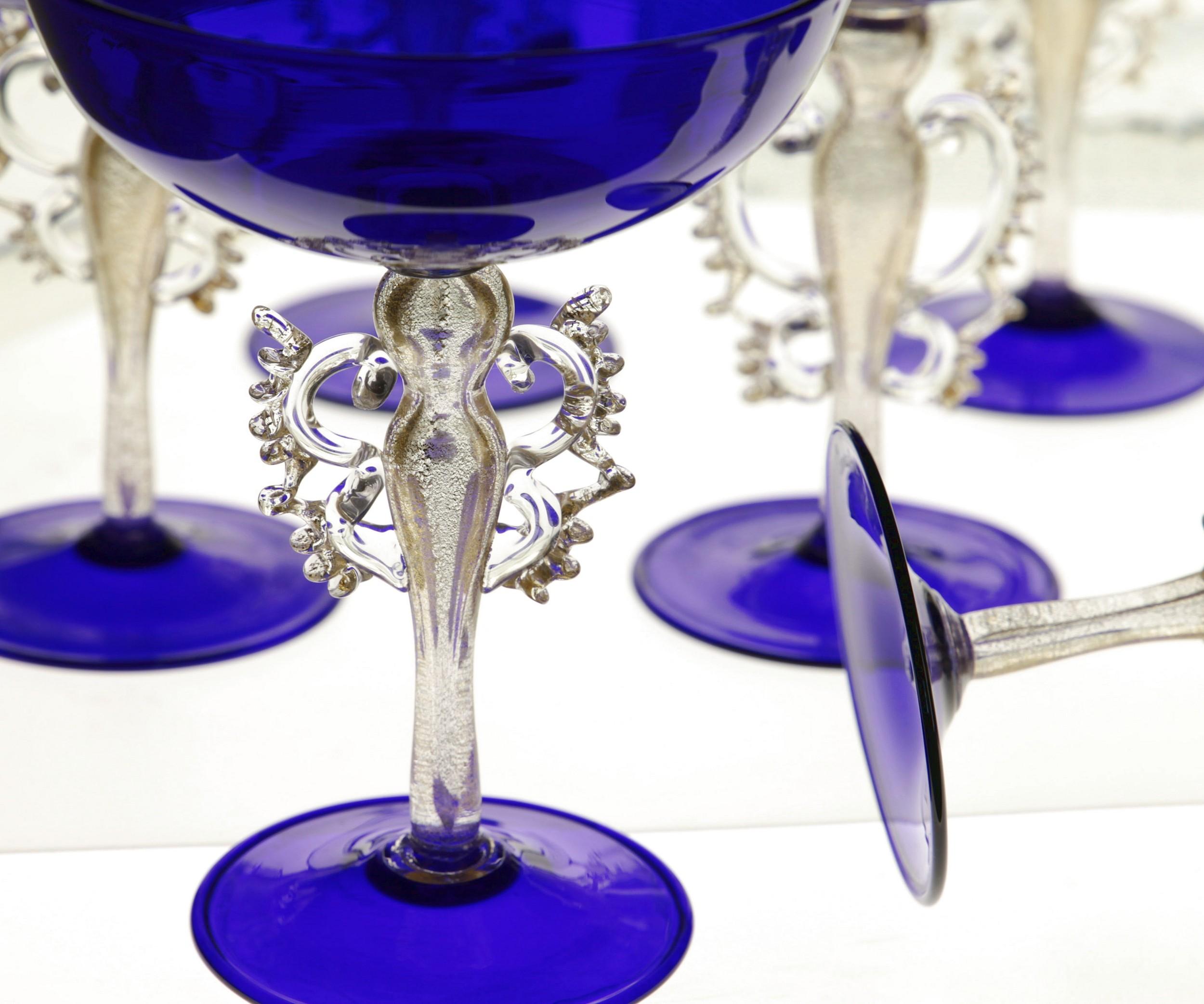 Rare Set, 12 Cenedese Champagne Goblets, Murano Cobalt Glass Gold Accent, Signed For Sale 6