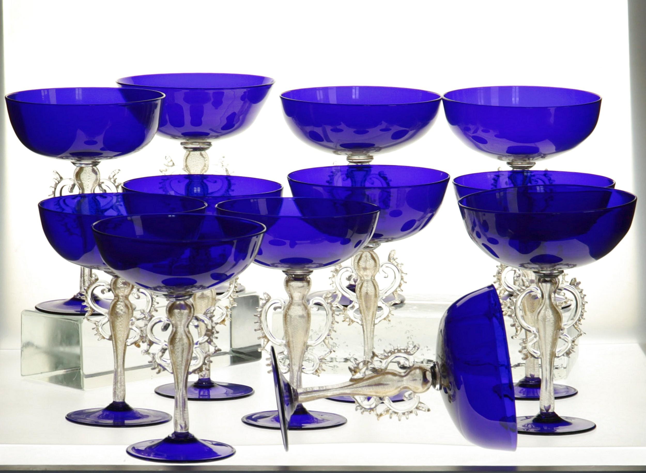 Rare Set, 12 Cenedese Champagne Goblets, Murano Cobalt Glass Gold Accent, Signed For Sale 8