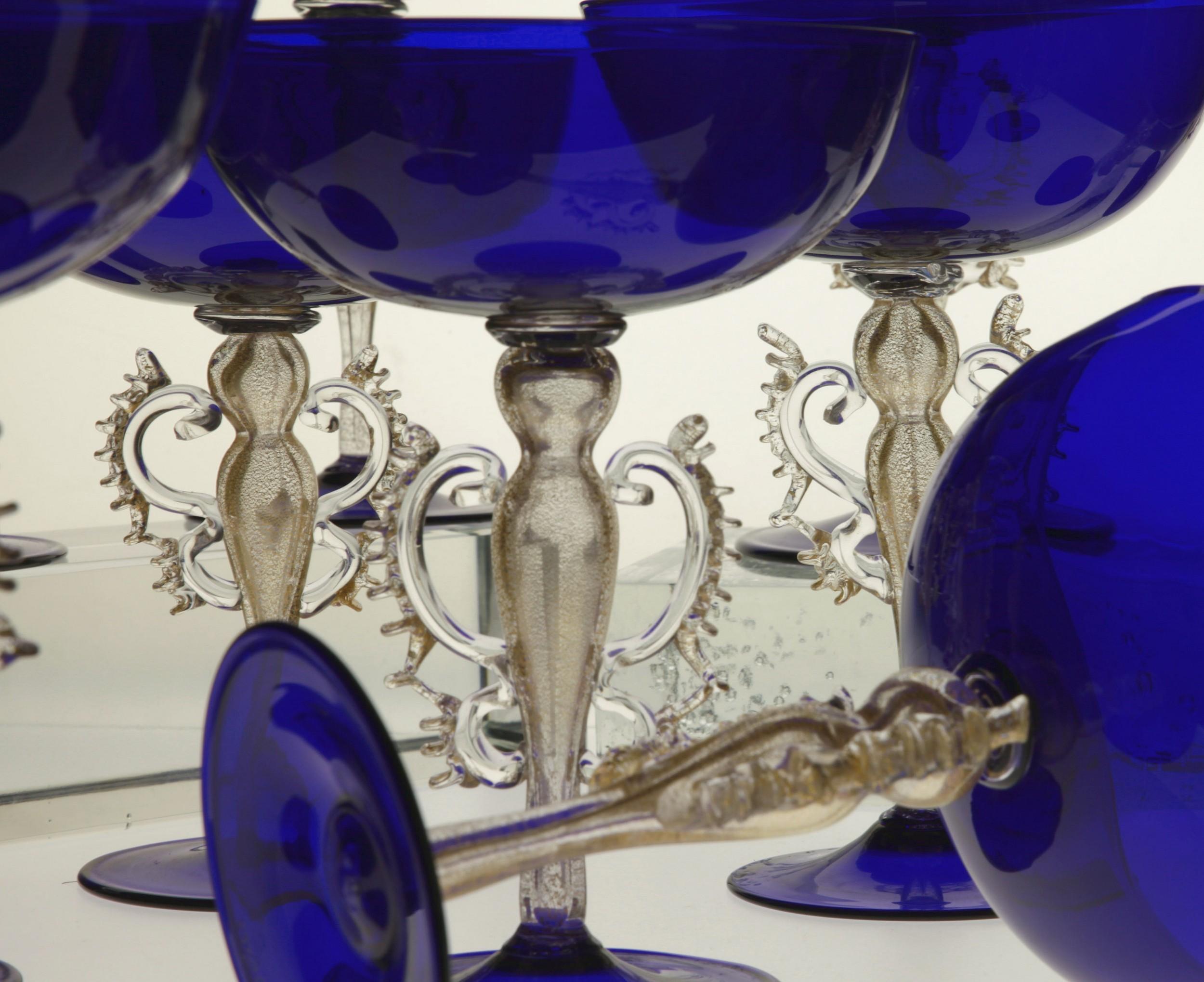 Rare Set, 12 Cenedese Champagne Goblets, Murano Cobalt Glass Gold Accent, Signed For Sale 9