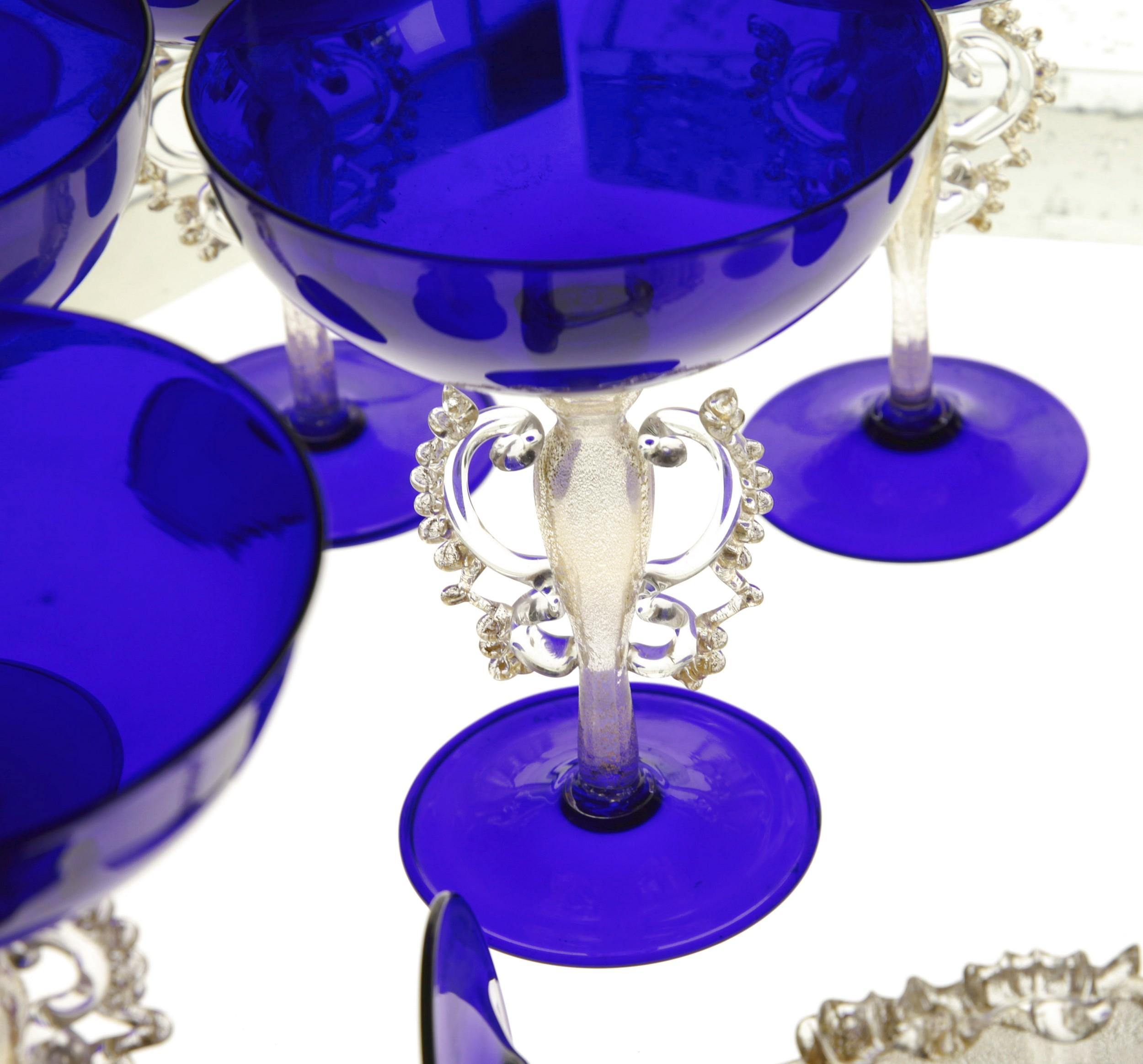 Modern Rare Set, 12 Cenedese Champagne Goblets, Murano Cobalt Glass Gold Accent, Signed For Sale