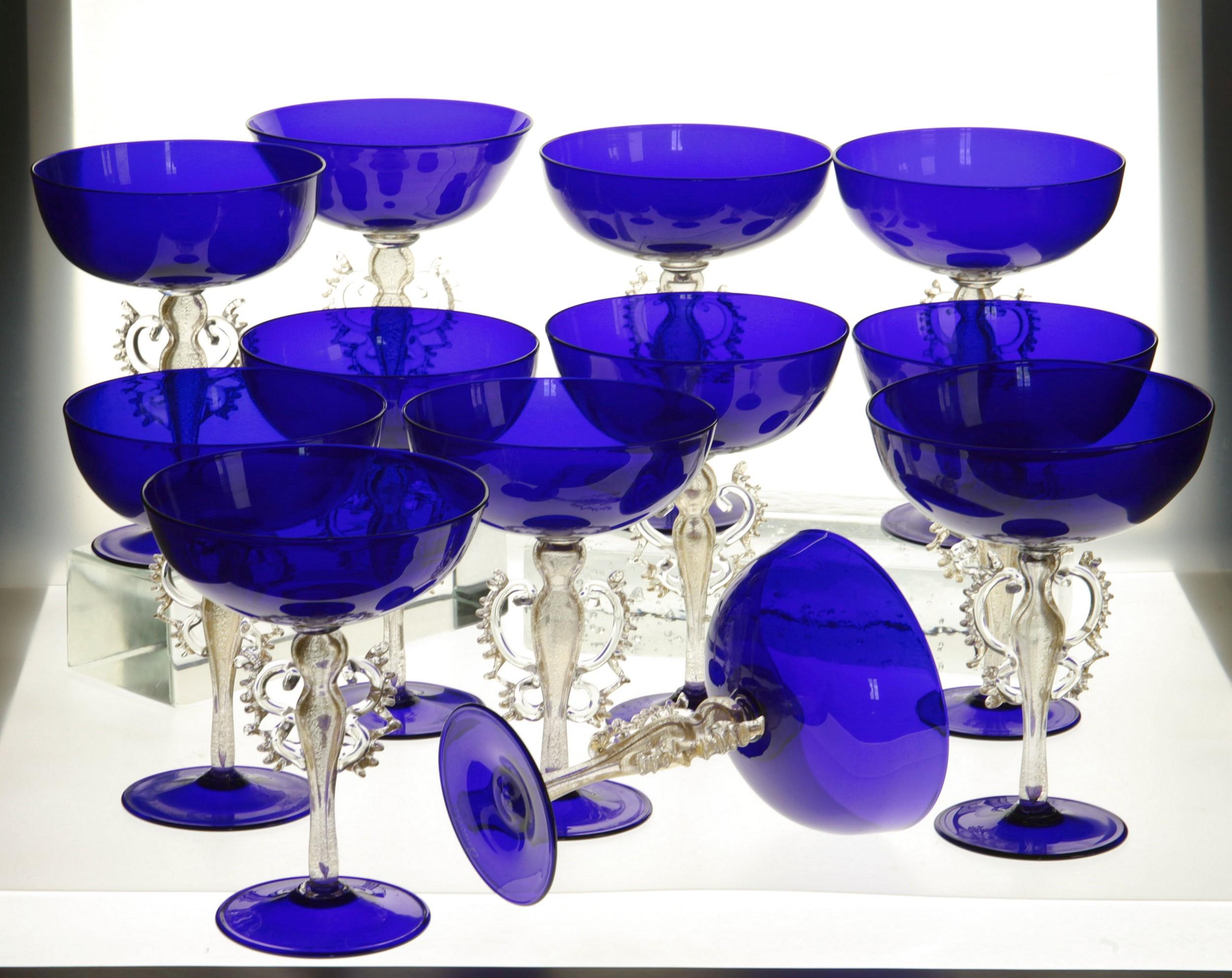 Italian Rare Set, 12 Cenedese Champagne Goblets, Murano Cobalt Glass Gold Accent, Signed For Sale