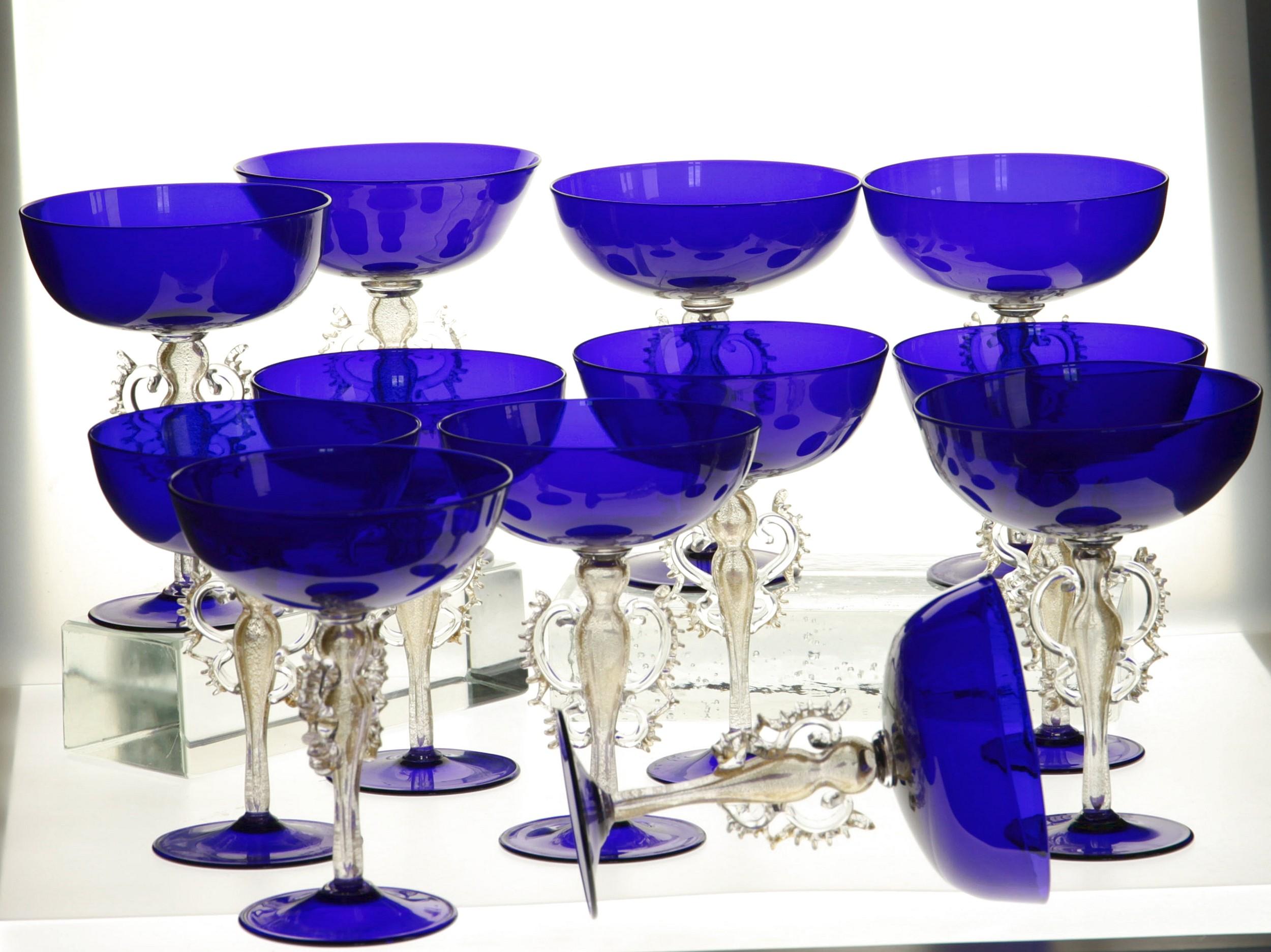 20th Century Rare Set, 12 Cenedese Champagne Goblets, Murano Cobalt Glass Gold Accent, Signed For Sale